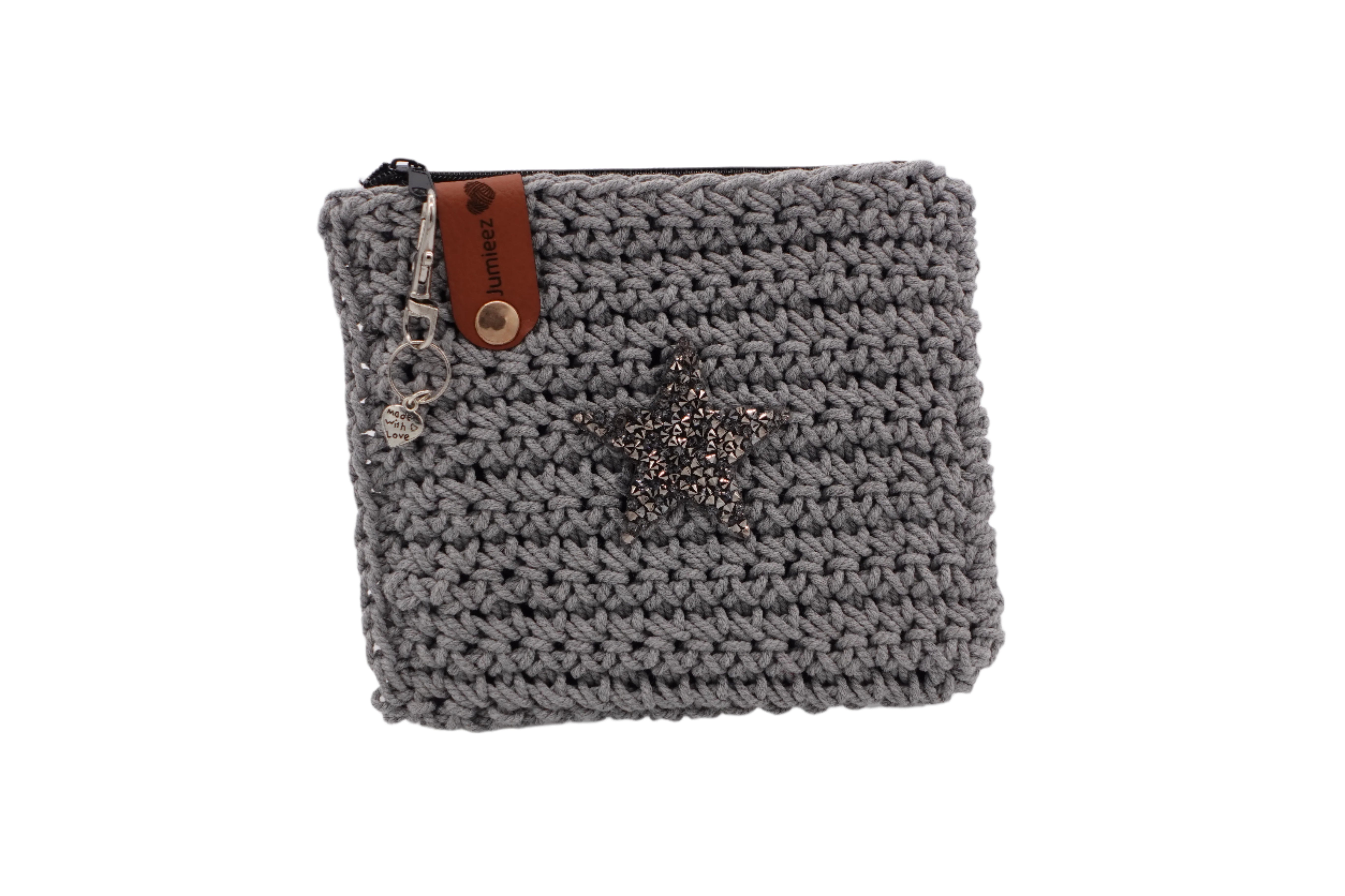 Jumieez Handcrafted Crochet Pouch – Small Gray with Silver Star Patch