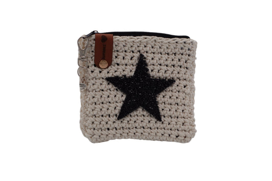 Jumieez Handcrafted Crochet Pouch – Small Beige with Black Star Patch