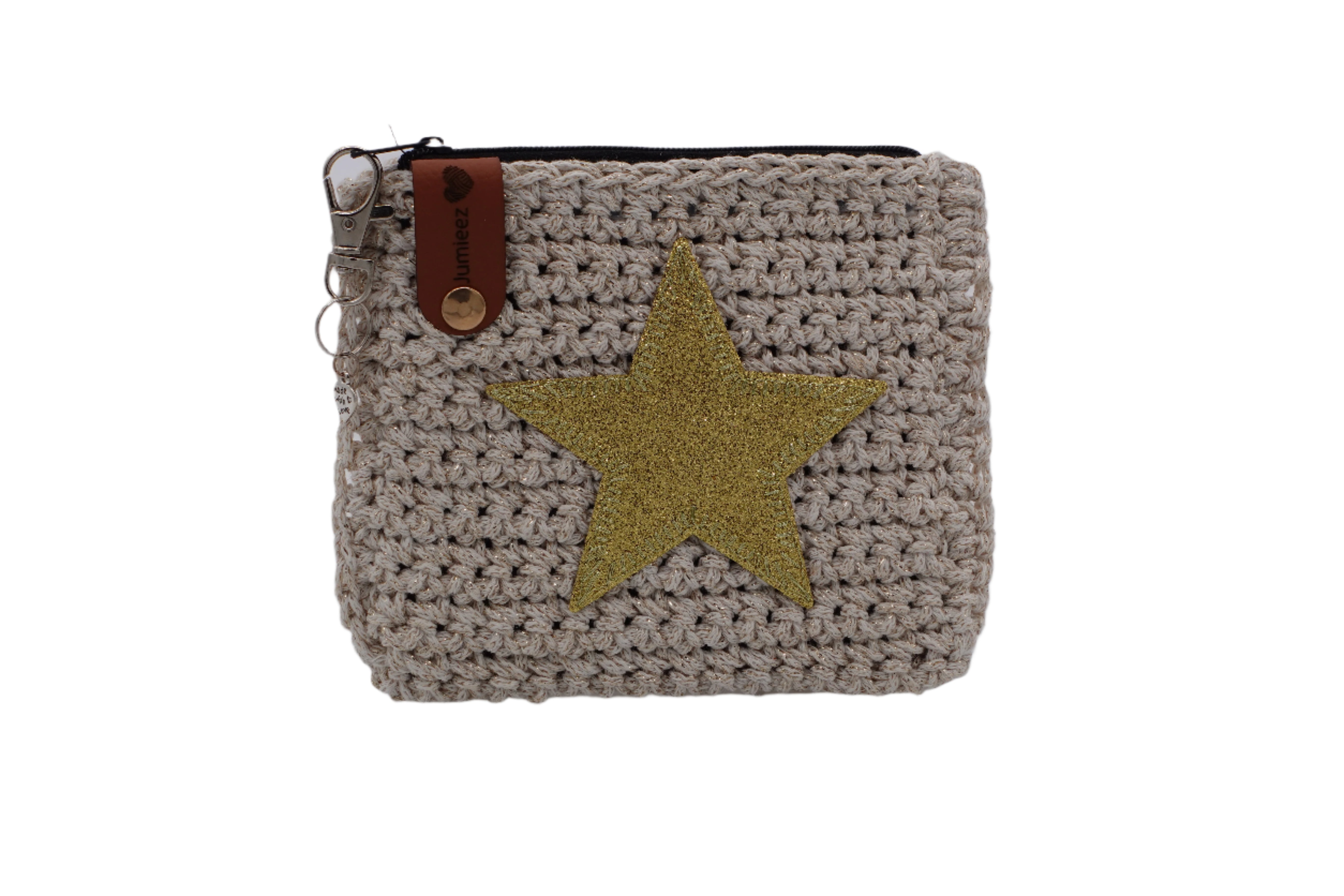 Jumieez Handcrafted Crochet Pouch – Small Beige with Gold Star Patch