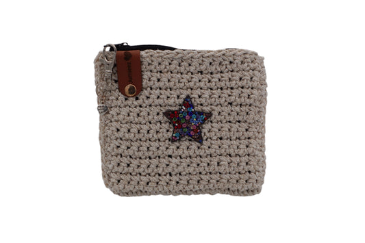 Jumieez Handcrafted Crochet Pouch – Small Beige with Multicolor Star Patch