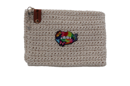 Jumieez Handcrafted Crochet Pouch – Medium Beige with Rainbow Lips Patch