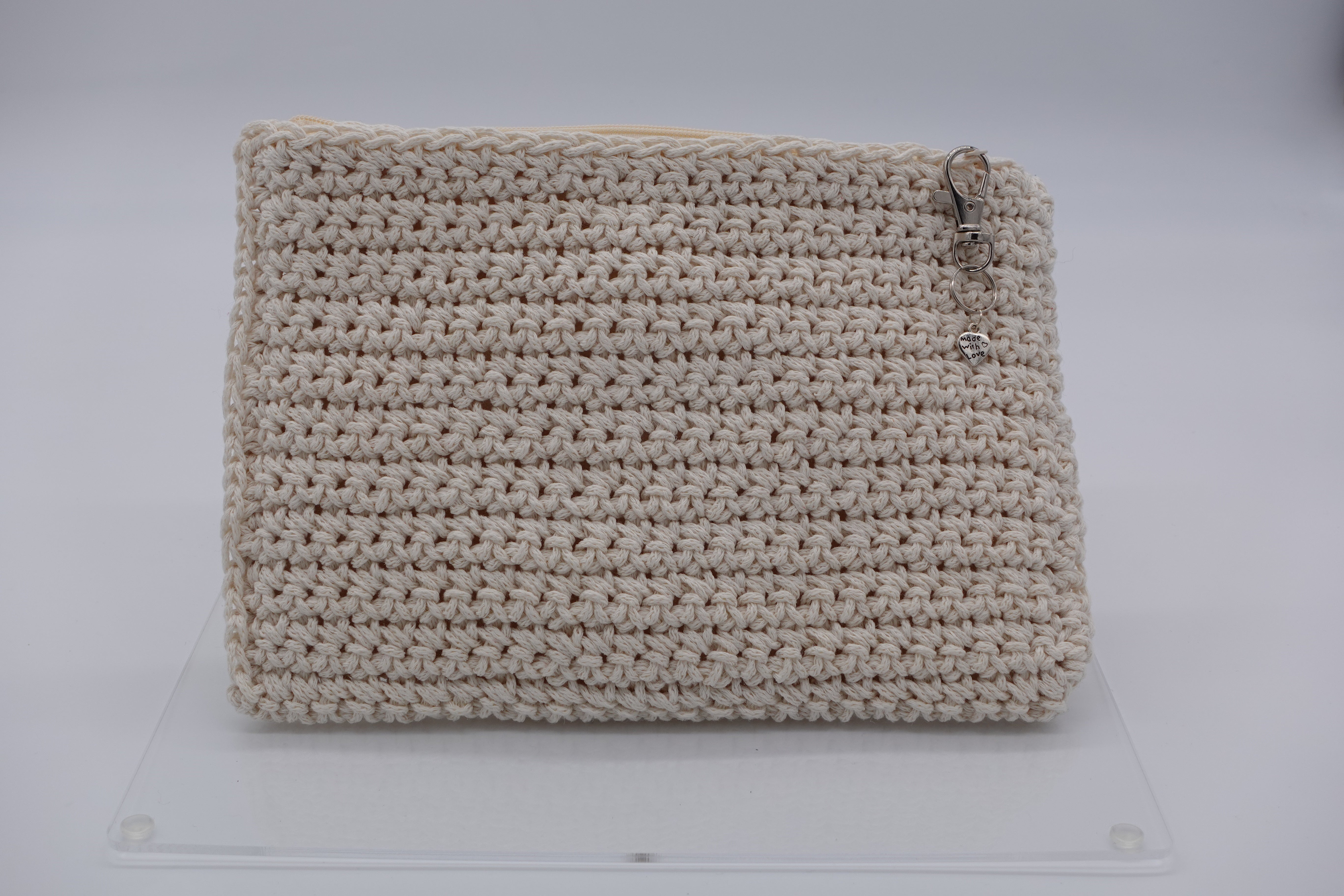 Jumieez Handcrafted Crochet Pouch – Medium Beige with Rainbow Lips Patch