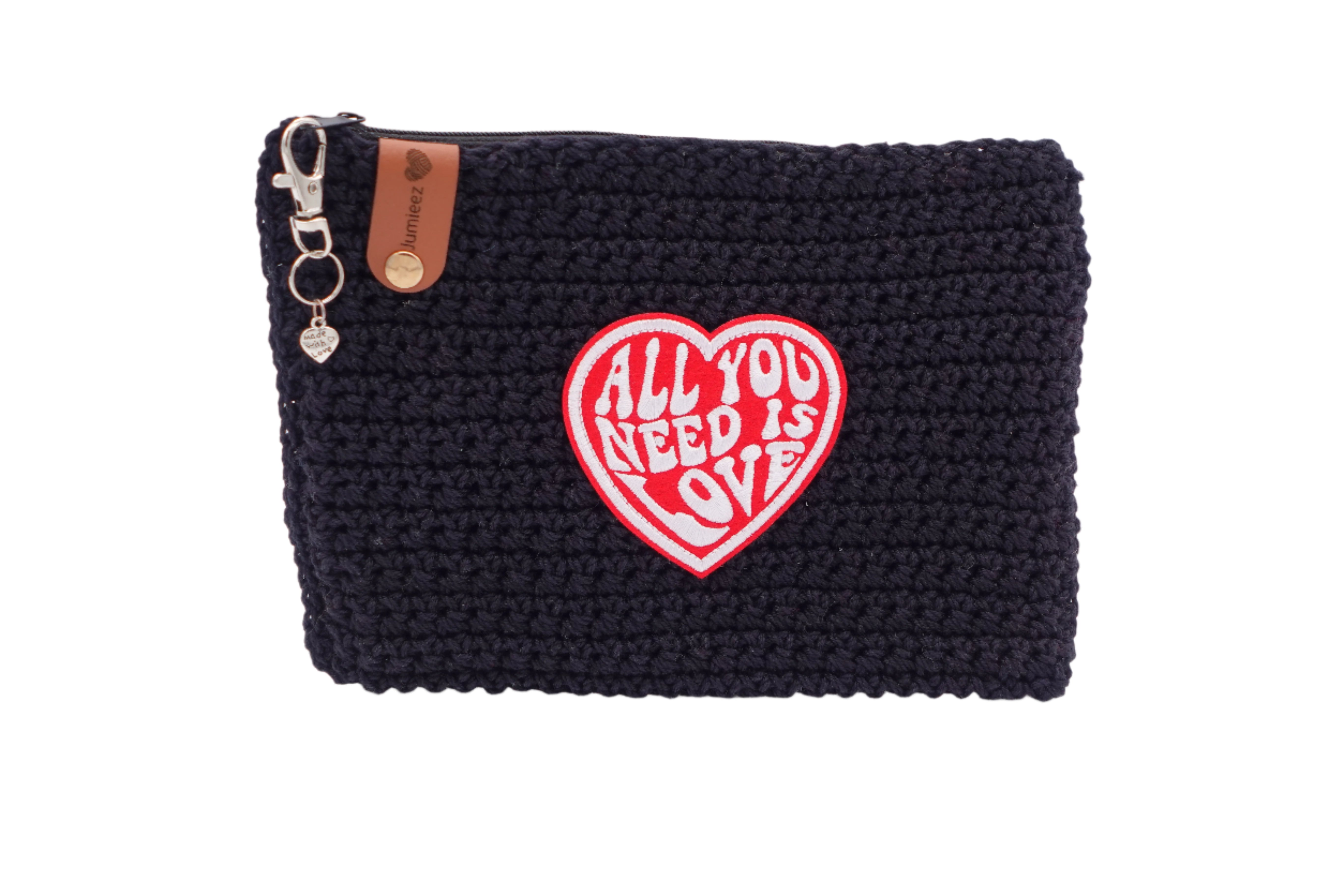 Jumieez Handcrafted Crochet Pouch – Medium Black with Red ‘All You Need Is Love’ Heart Patch