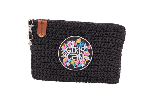 Jumieez Handcrafted Crochet Pouch – Medium Black with ‘Girls Can’ Floral Patch