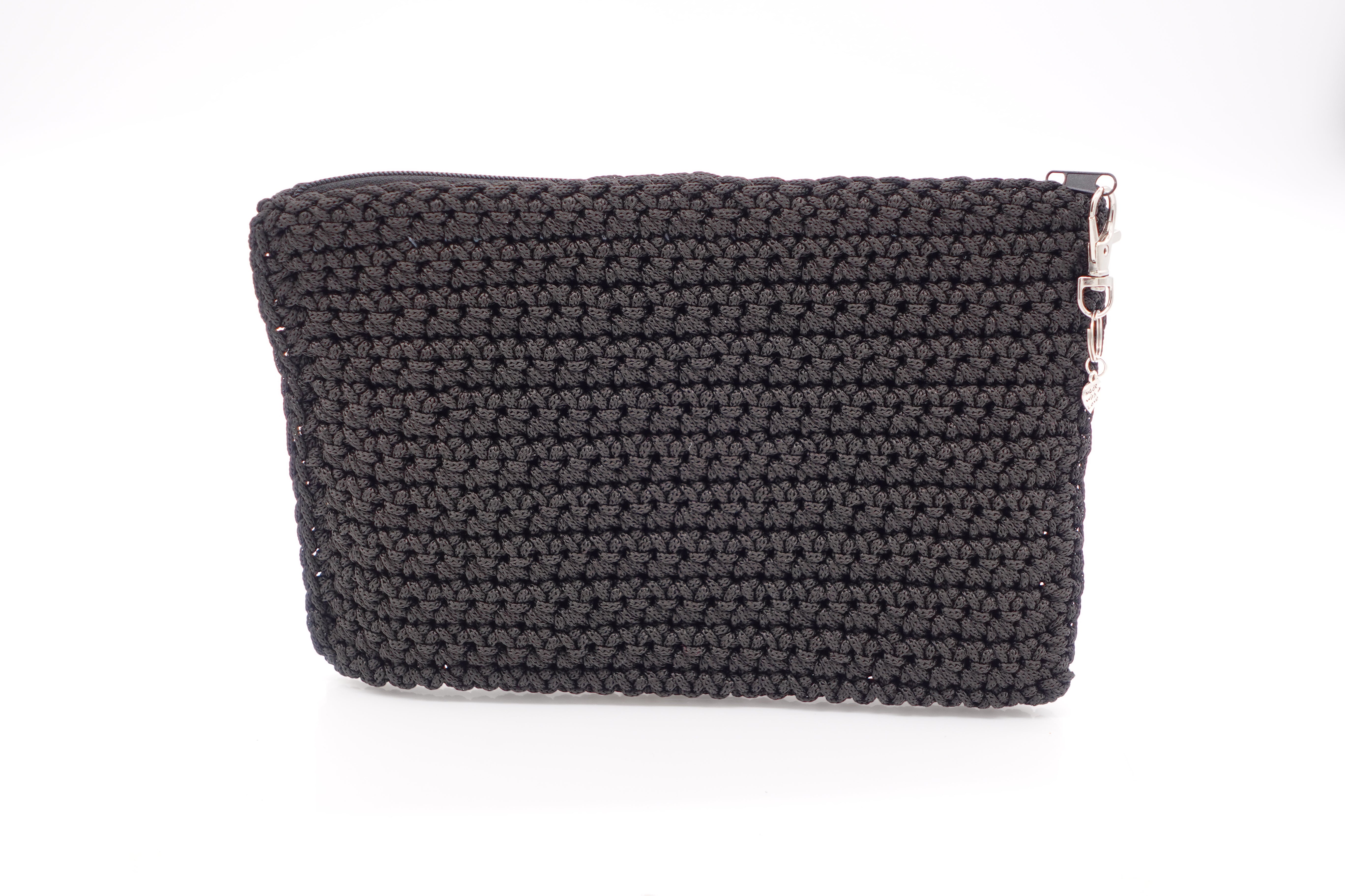 Jumieez Handcrafted Crochet Pouch – Medium Black with ‘Girls Can’ Floral Patch