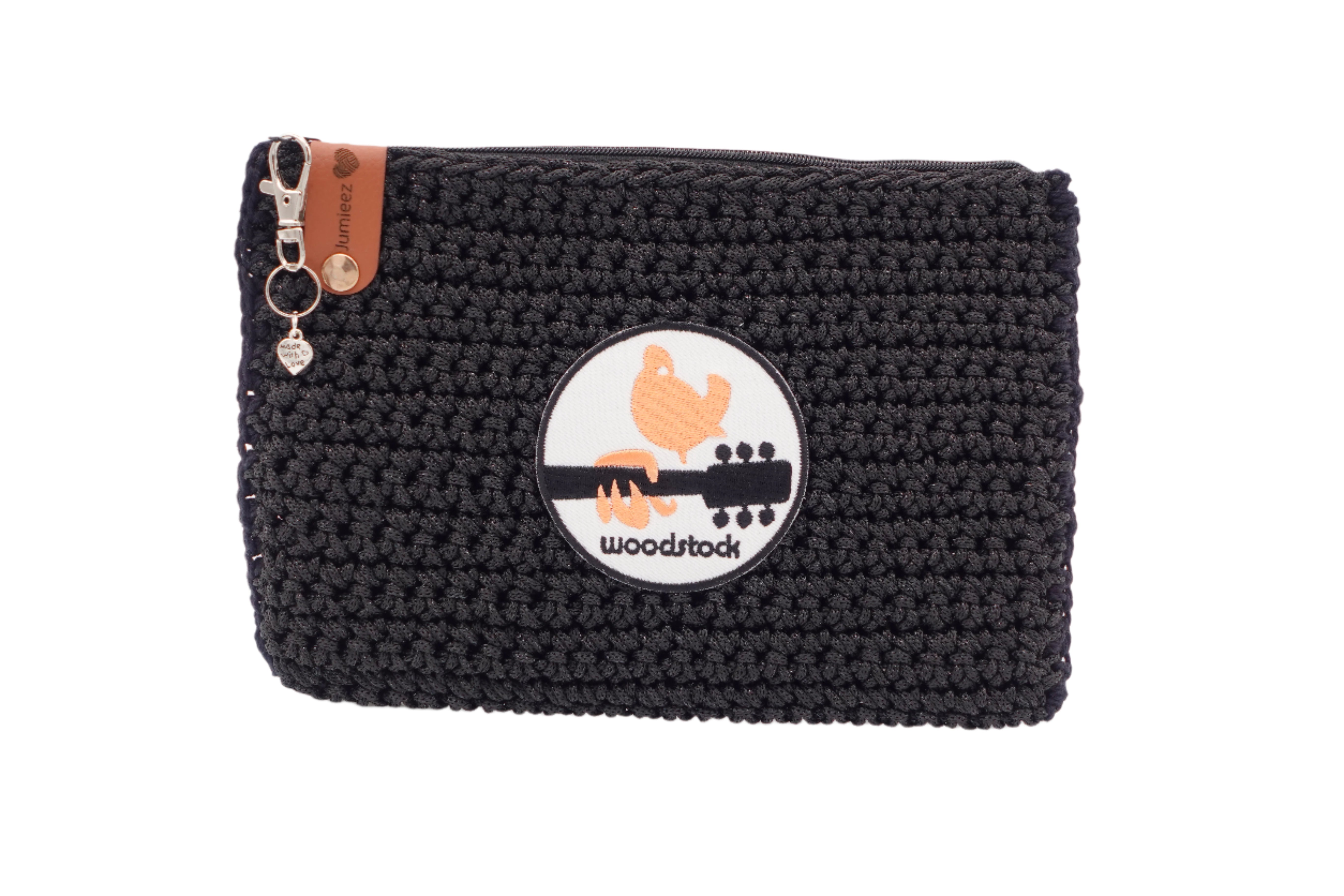 Jumieez Handcrafted Crochet Pouch – Medium Black with Woodstock Patch