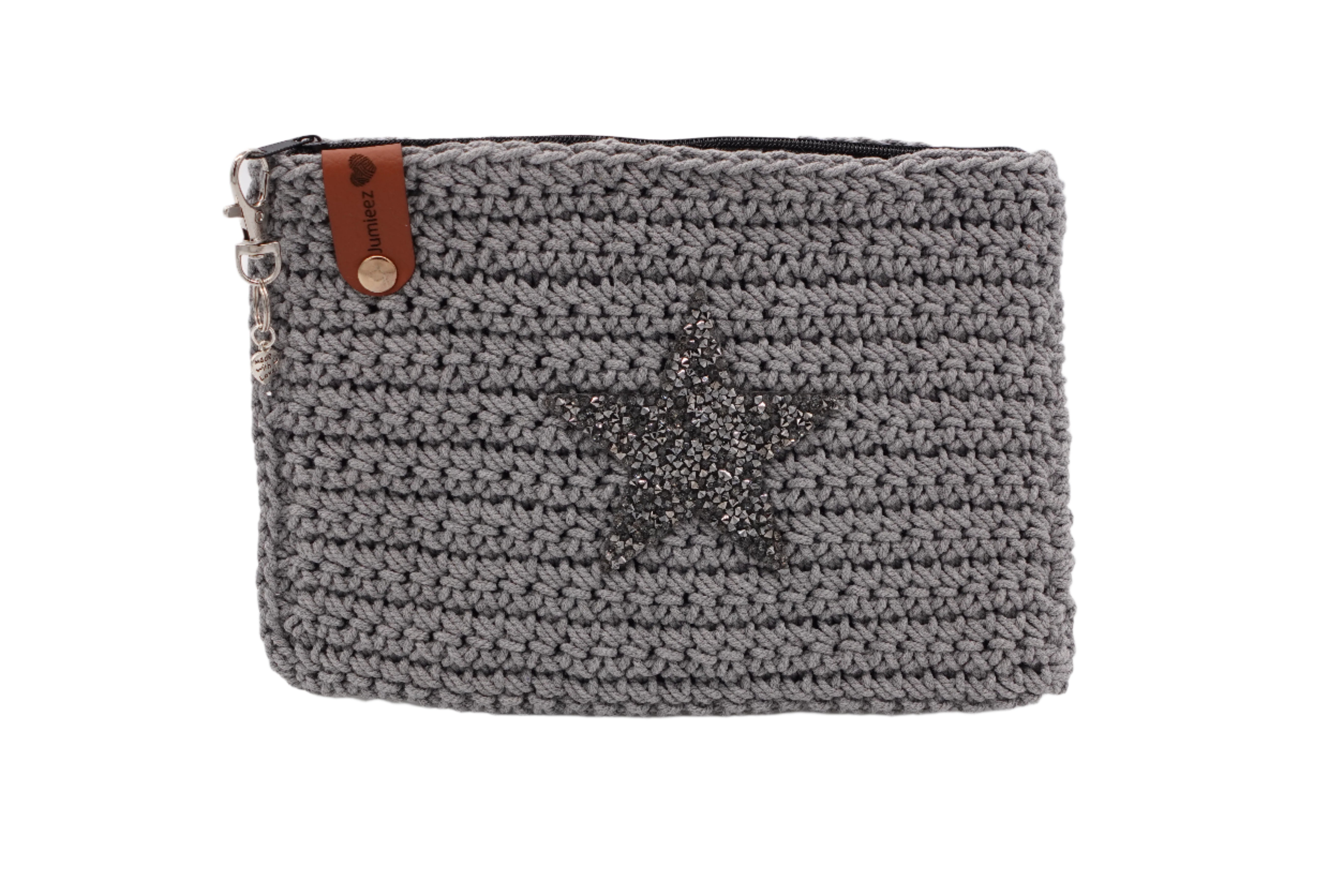 Jumieez Handcrafted Crochet Pouch – Medium Gray with Silver Star Patch