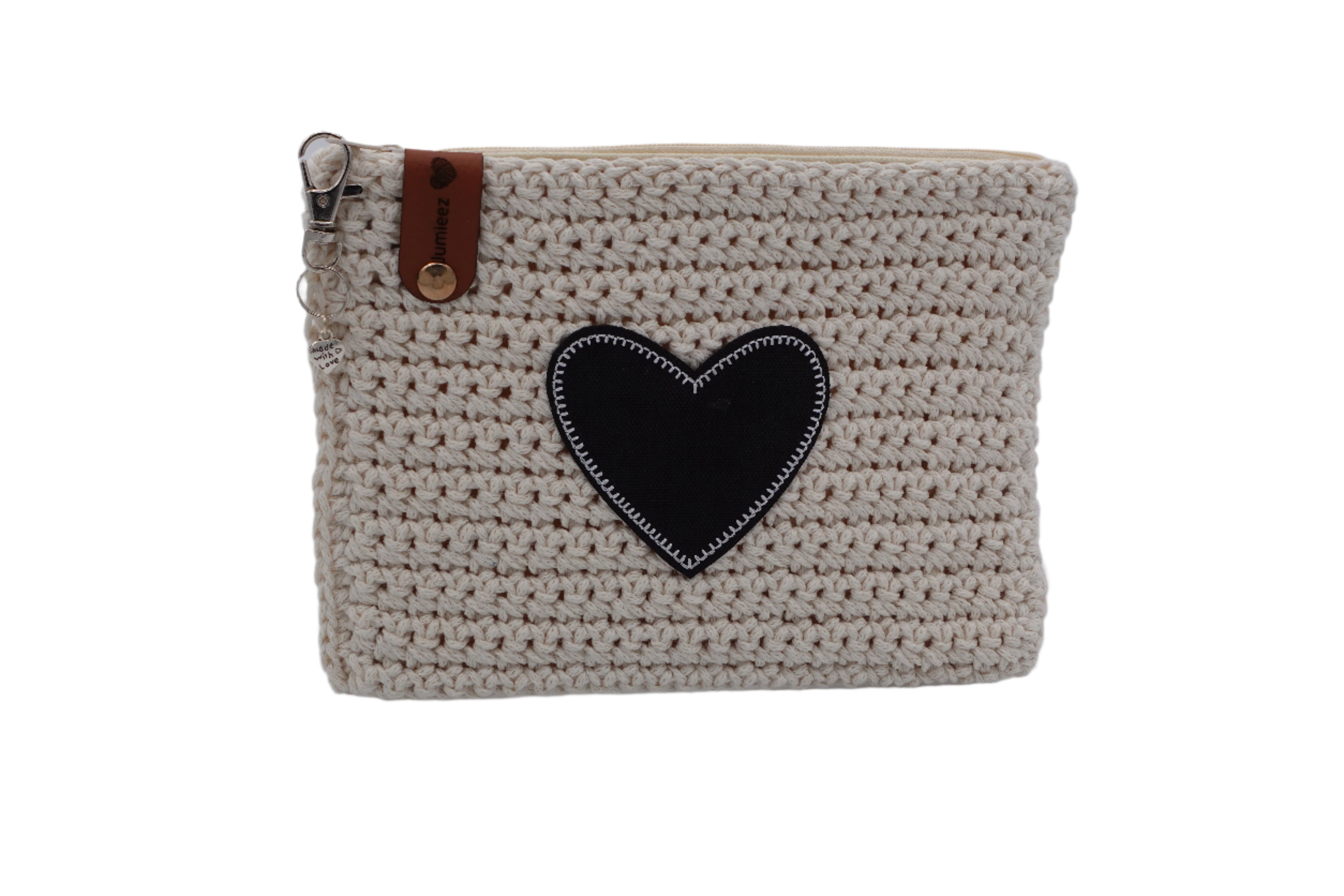 Jumieez Handcrafted Crochet Pouch – Medium Beige with Black Heart Patch