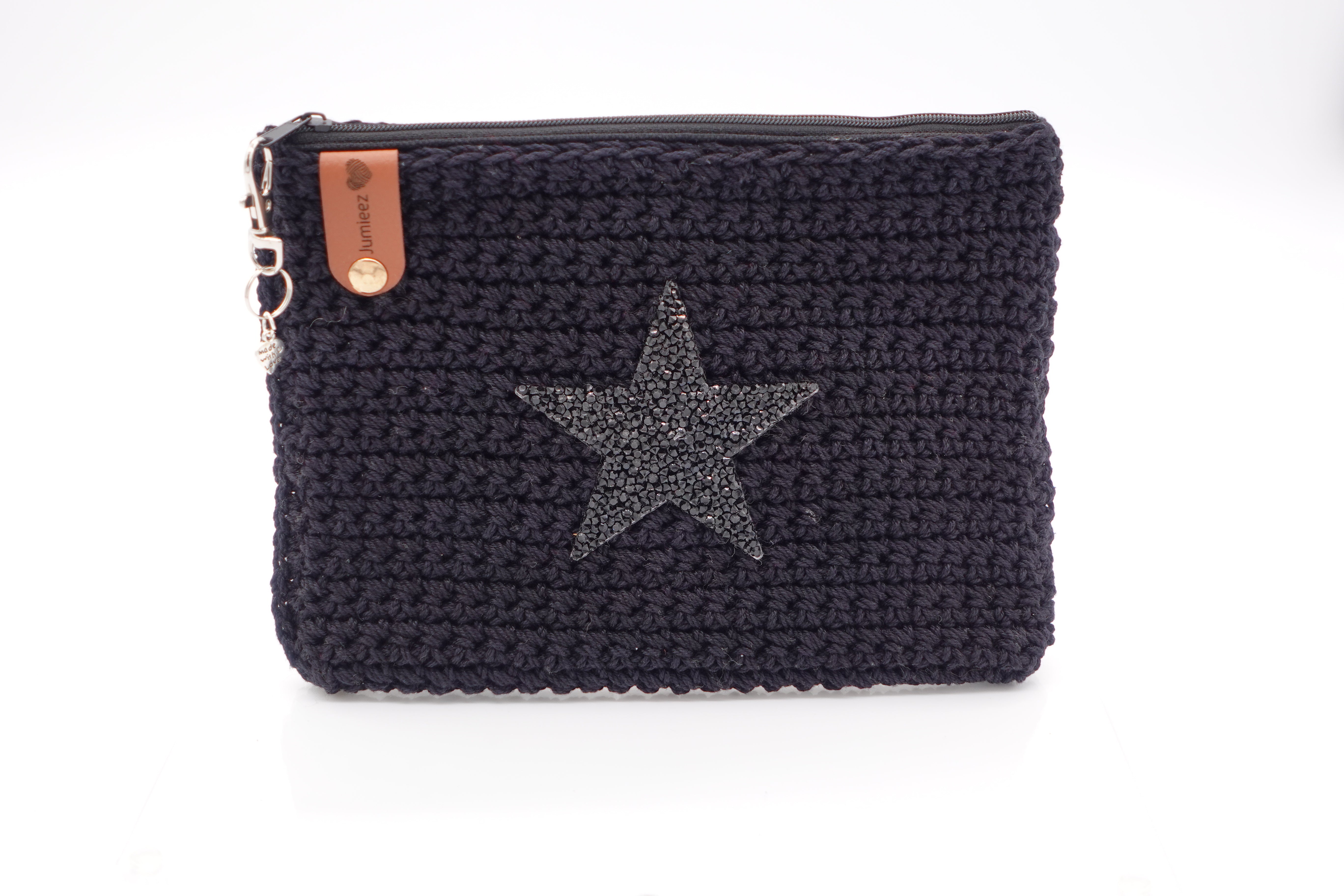 Jumieez Handcrafted Crochet Pouch – Medium Black with Black Star Patch