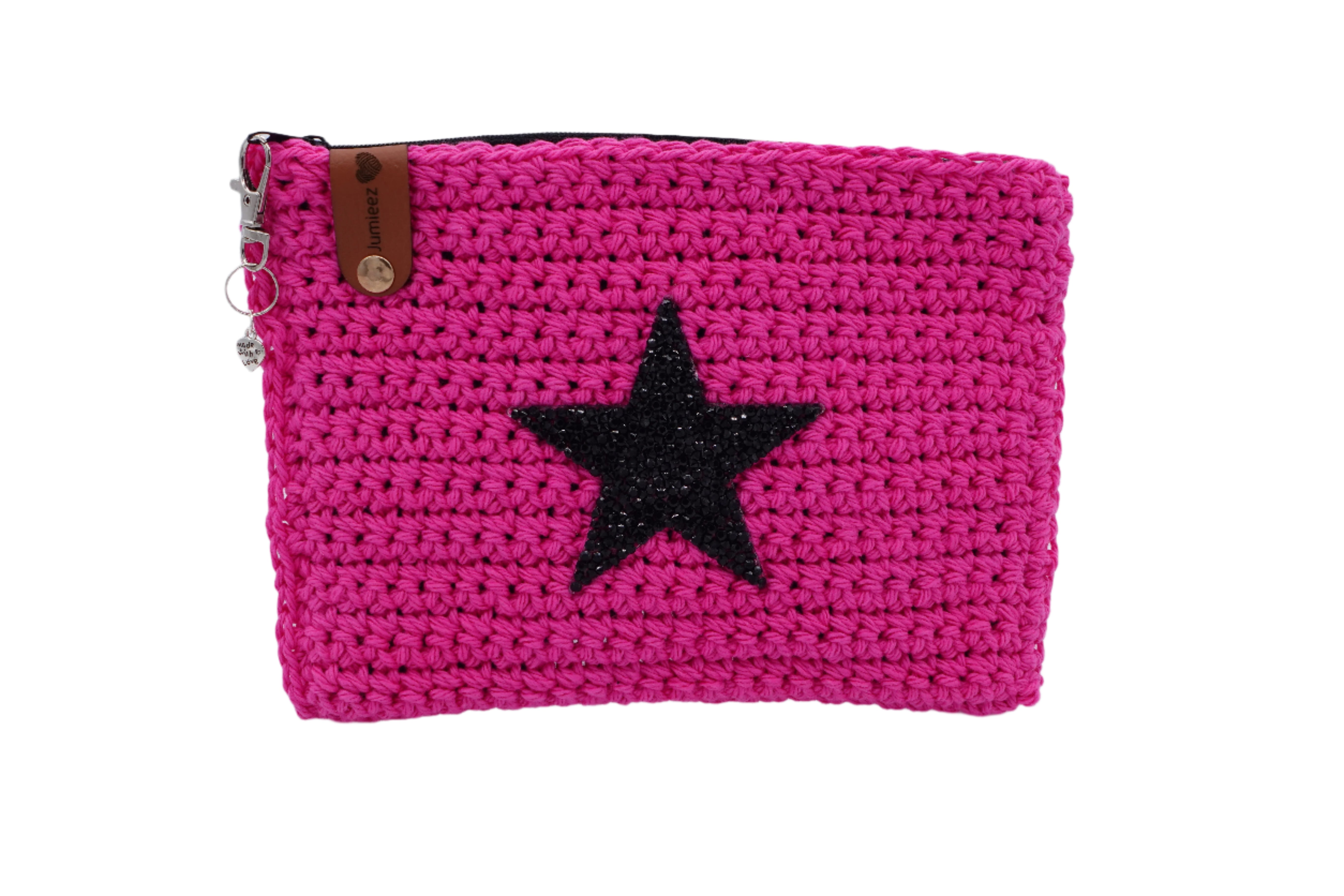 Jumieez Handcrafted Crochet Pouch – Medium Hot Pink with Black Star Patch