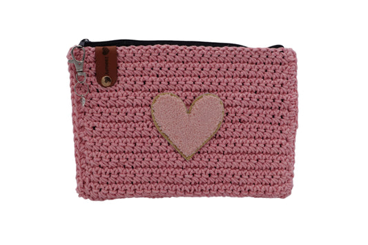 Jumieez Handcrafted Crochet Pouch – Medium Pink with Beige Heart Patch