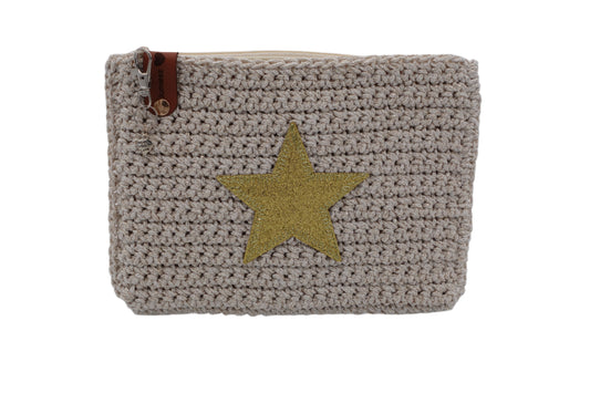 Jumieez Handcrafted Crochet Pouch – Medium Beige with Gold Star Patch