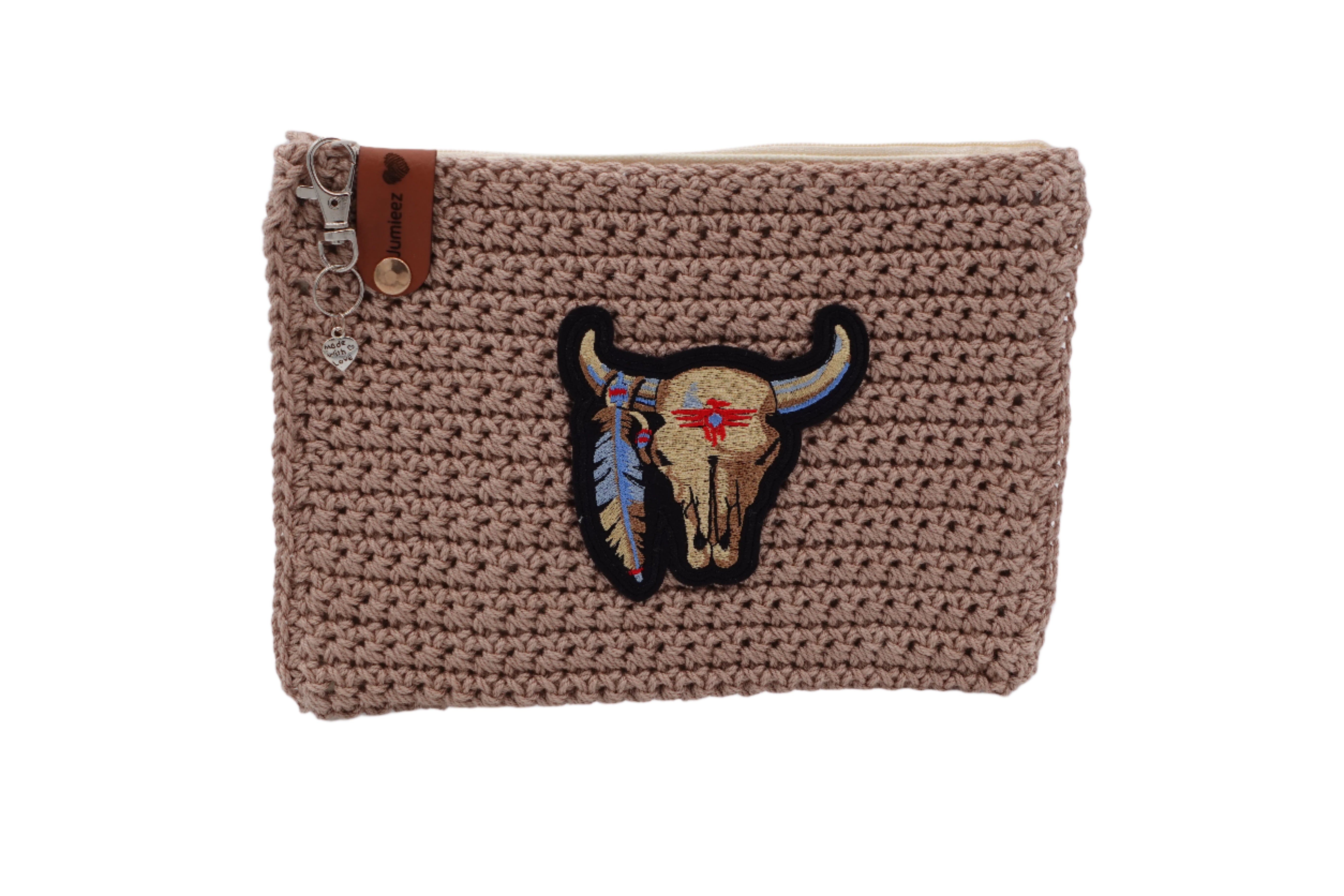 Jumieez Handcrafted Crochet Pouch – Medium Taupe with Bull Skull Patch