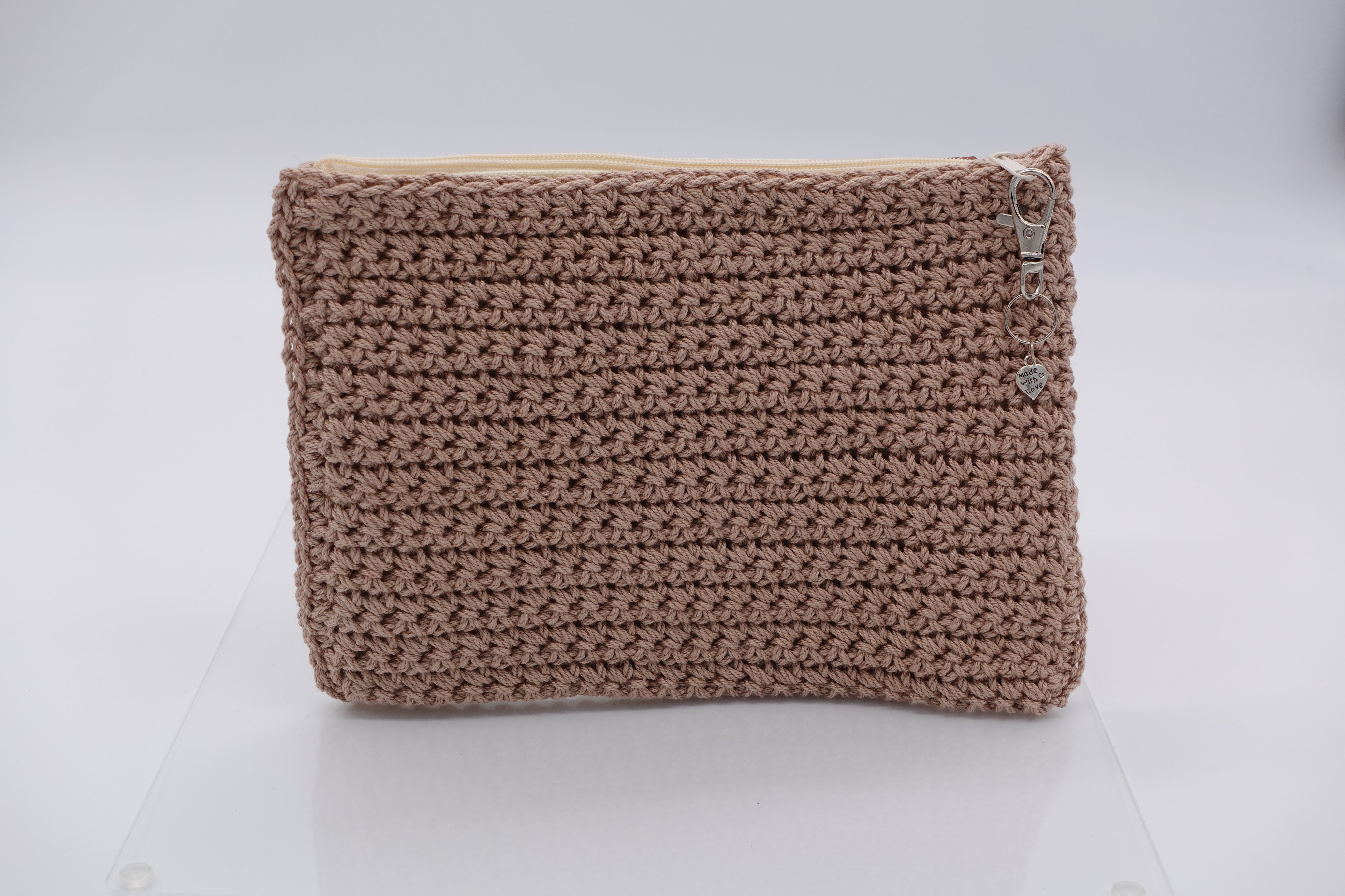 Jumieez Handcrafted Crochet Pouch – Medium Taupe with Bull Skull Patch