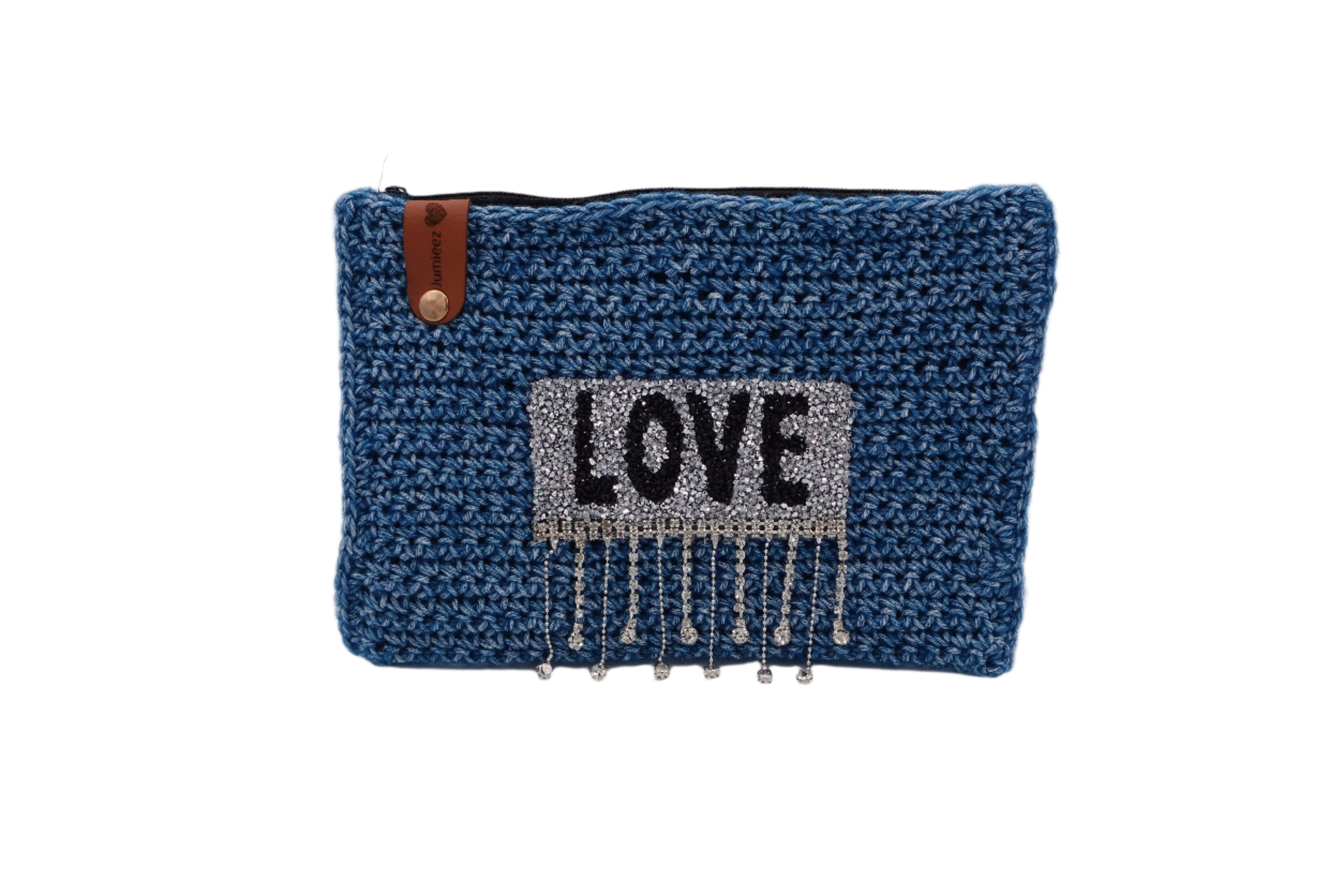 Jumieez Handcrafted Crochet Pouch – Special Edition Medium Blue with Rhinestone Love Patch