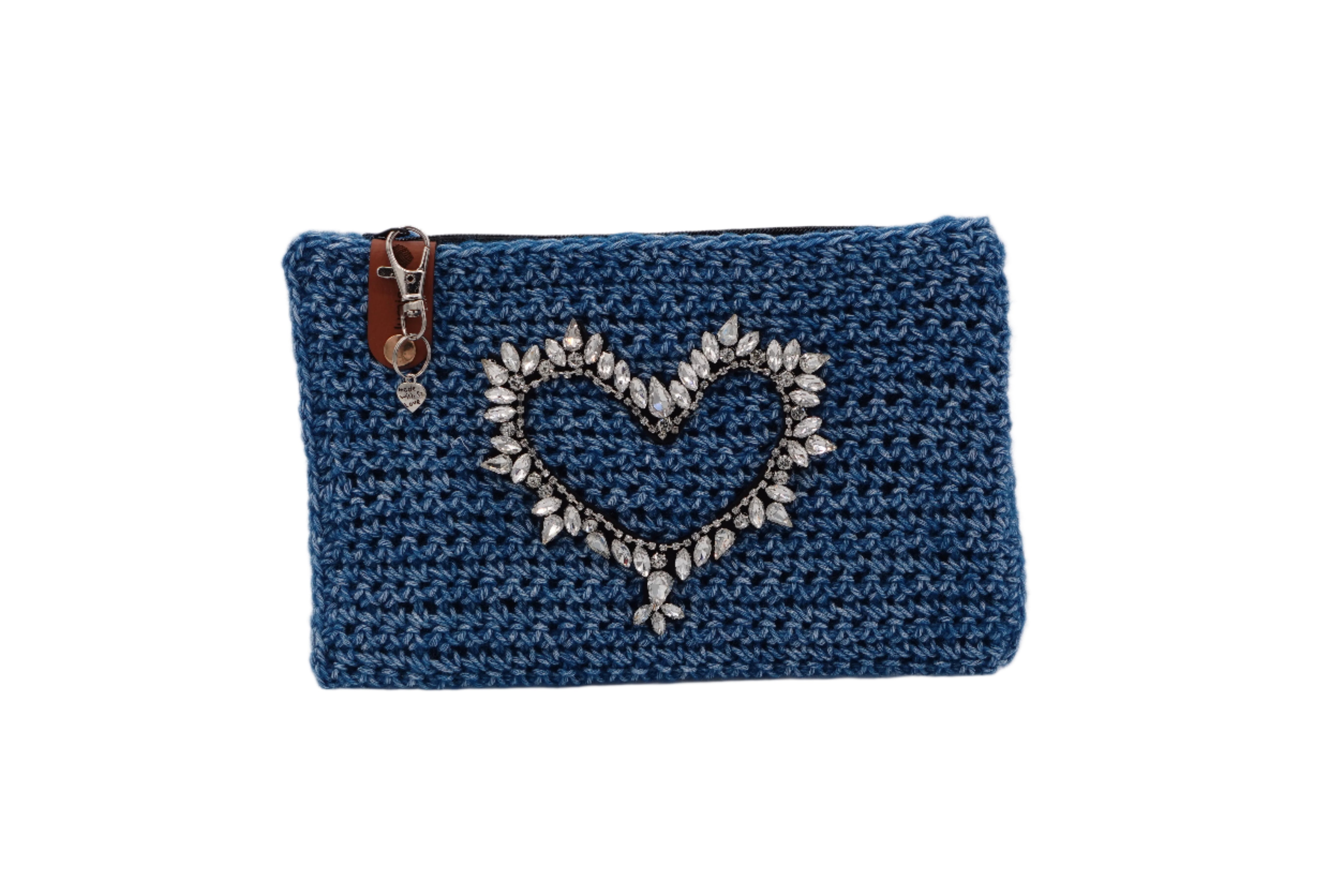 Jumieez Handcrafted Crochet Pouch – Special Edition Medium Blue with Rhinestone Heart Patch