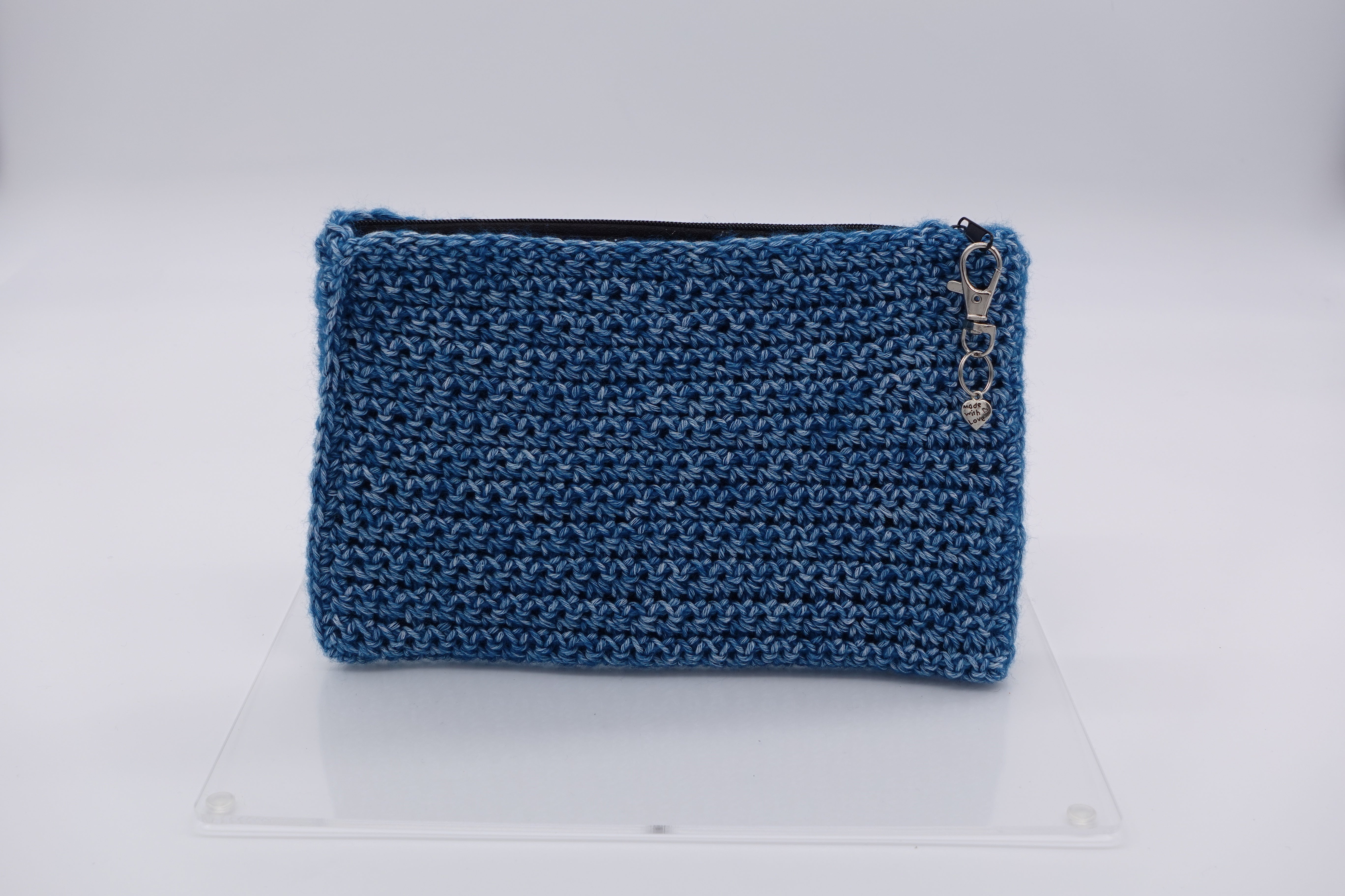 Jumieez Handcrafted Crochet Pouch – Special Edition Medium Blue with Rhinestone Heart Patch