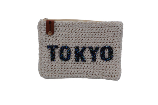 Jumieez Handcrafted Crochet Pouch – Special Edition Medium Cream with Rhinestone Tokyo Patch