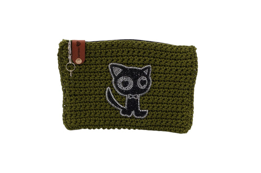 Jumieez Handcrafted Crochet Pouch – Special Edition Medium Olive Green with Rhinestone Cat Patch