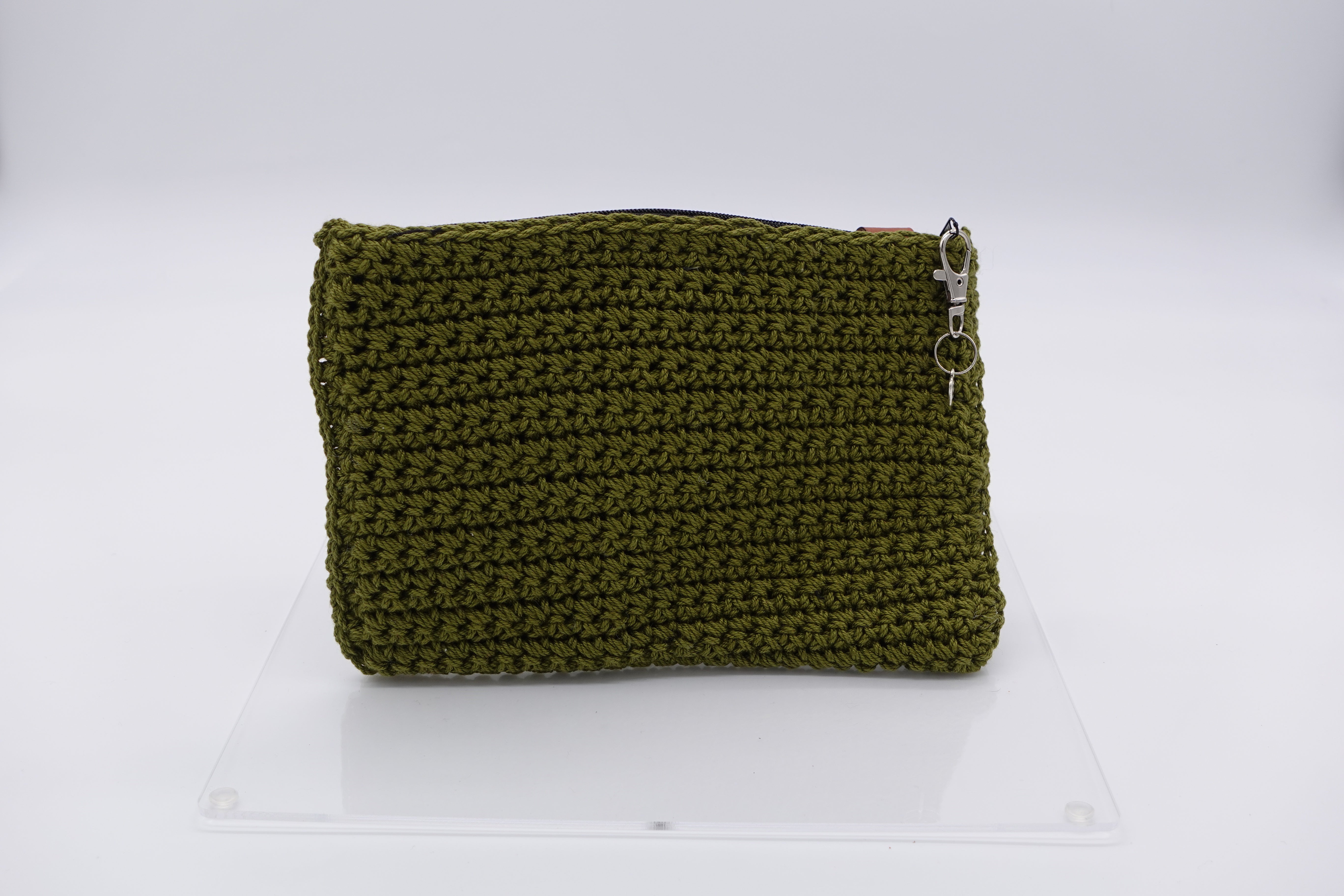 Jumieez Handcrafted Crochet Pouch – Special Edition Medium Olive Green with Rhinestone Cat Patch