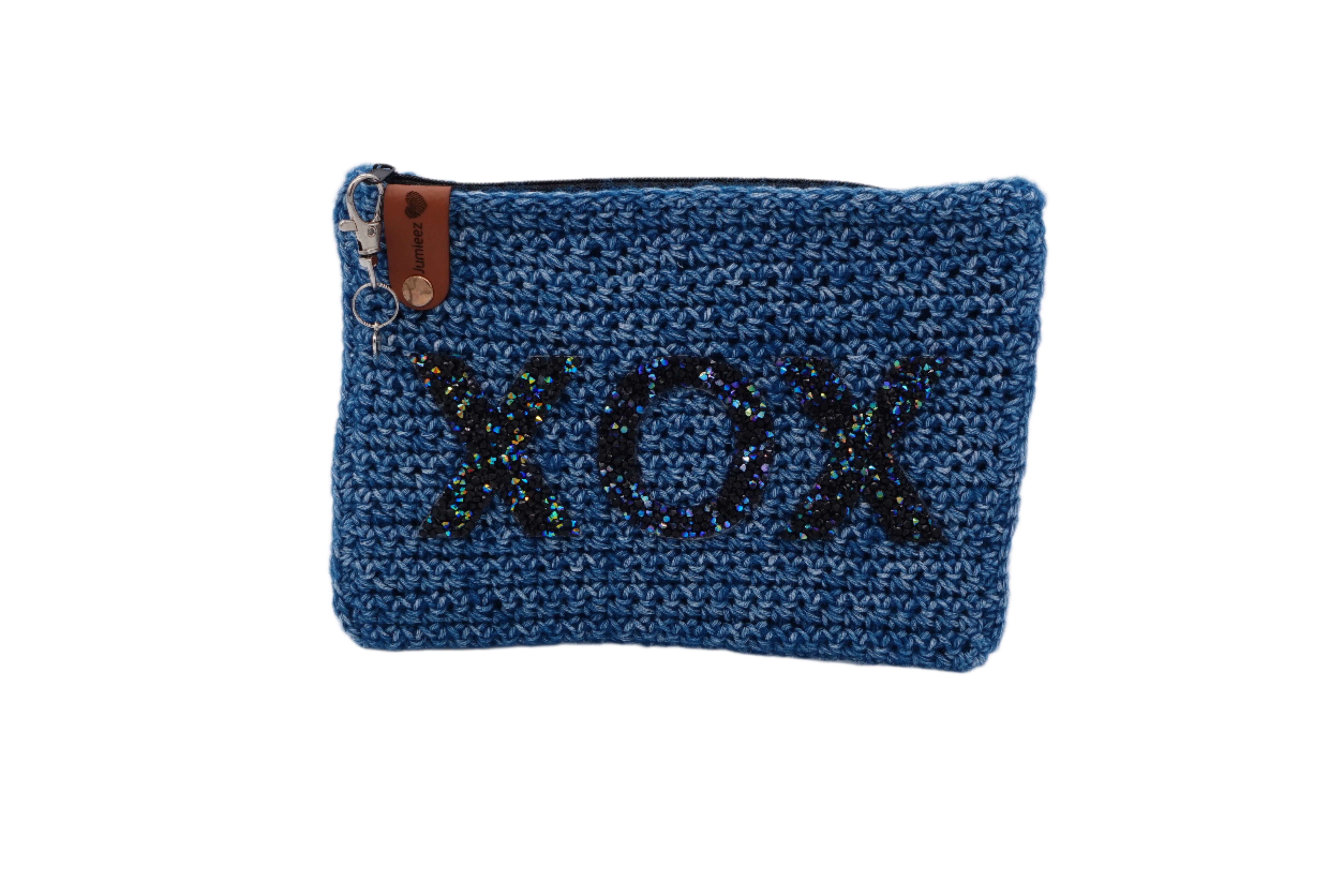 Jumieez Handcrafted Crochet Pouch – Special Edition Medium Blue with Rhinestone XOX Patch