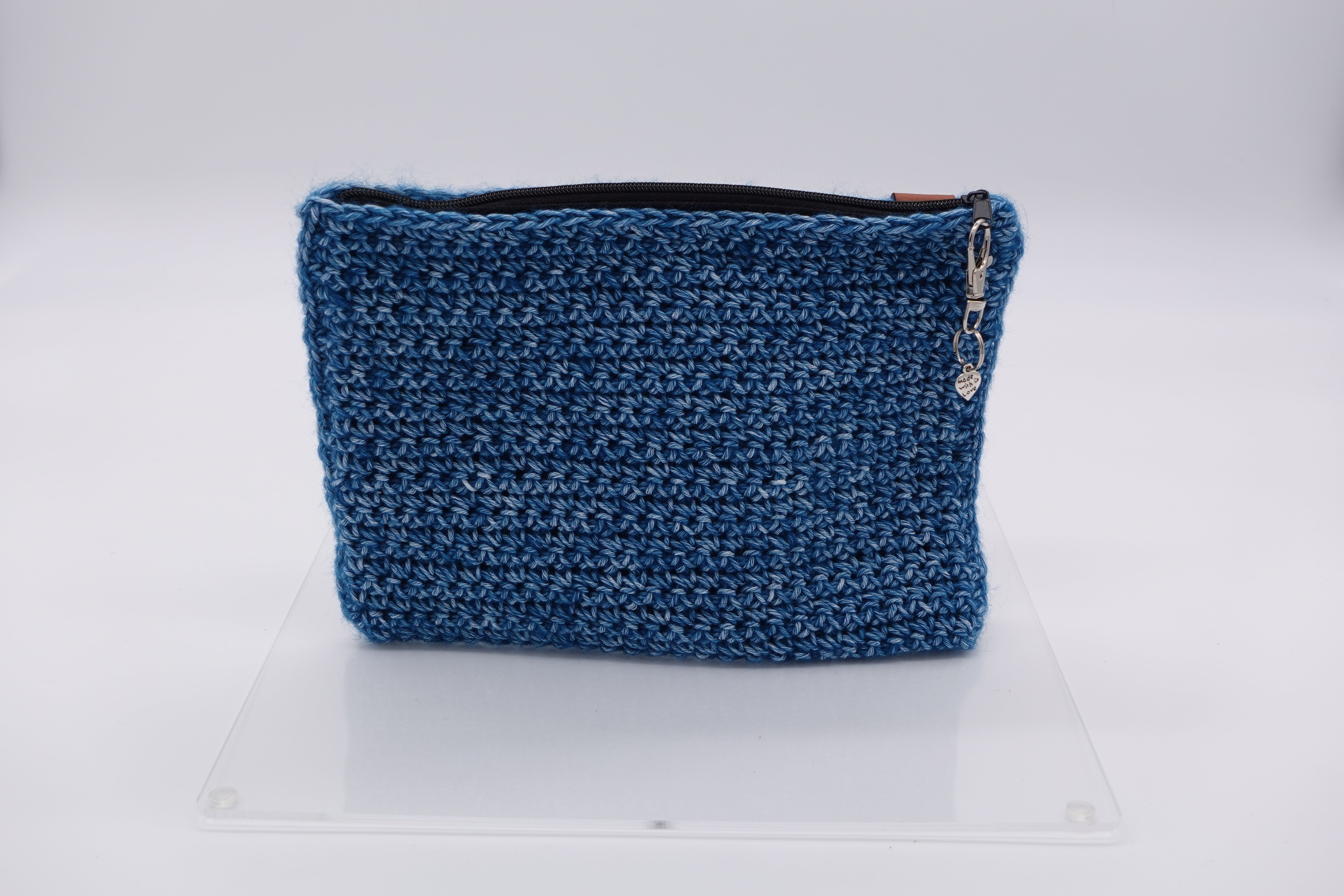 Jumieez Handcrafted Crochet Pouch – Special Edition Medium Blue with Rhinestone XOX Patch