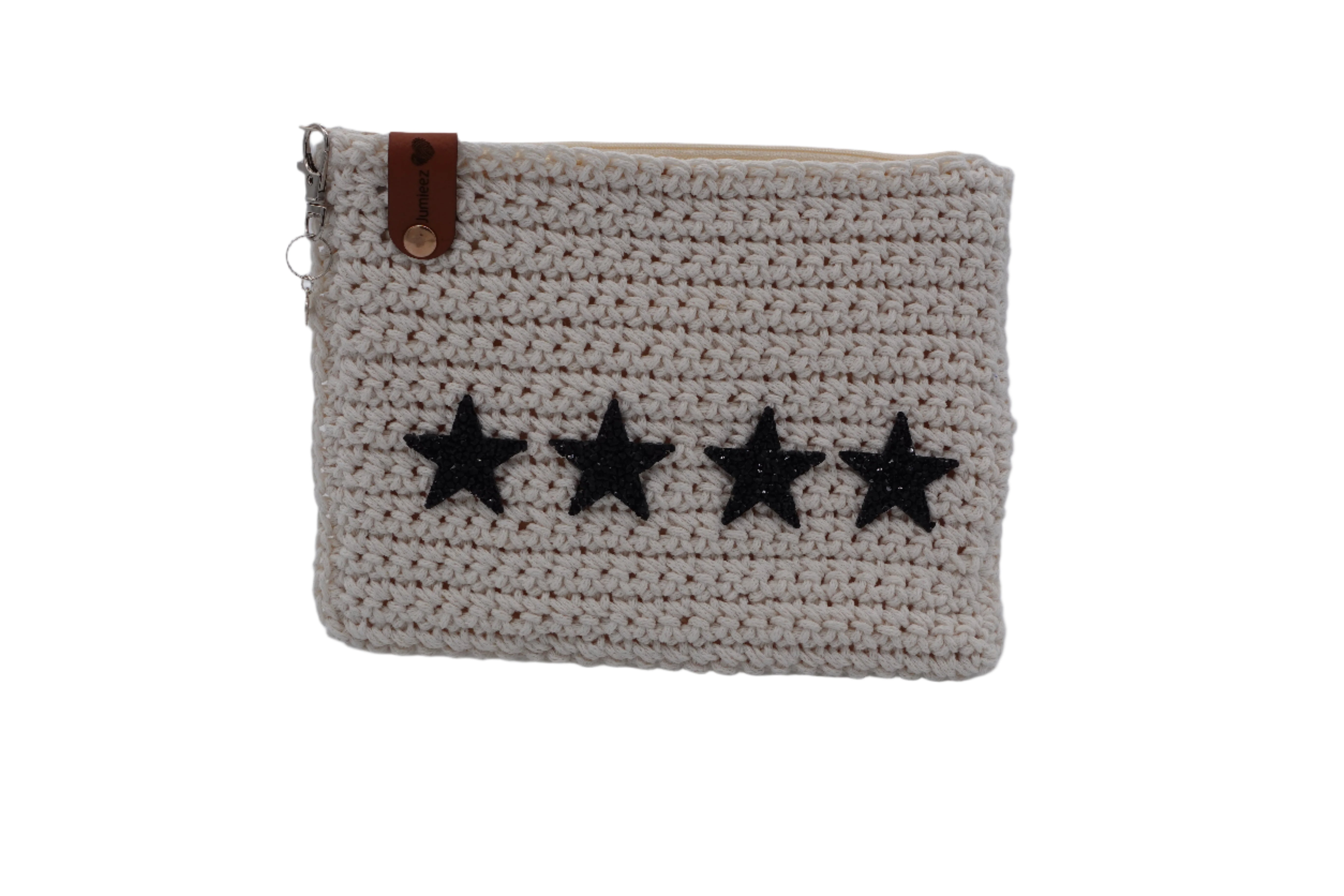 Jumieez Handcrafted Crochet Pouch – Medium Cream with Four Black Stars Patch