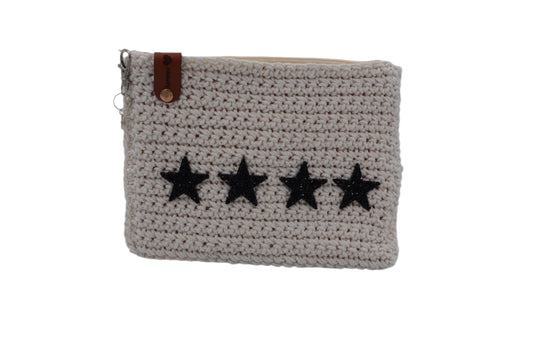 Jumieez Handcrafted Crochet Pouch – Medium Cream with Four Black Stars Patch