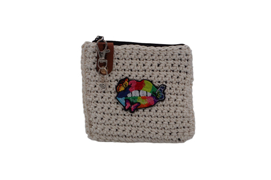 Jumieez Handcrafted Crochet Pouch – Small Cream with Colorful Lips Patch