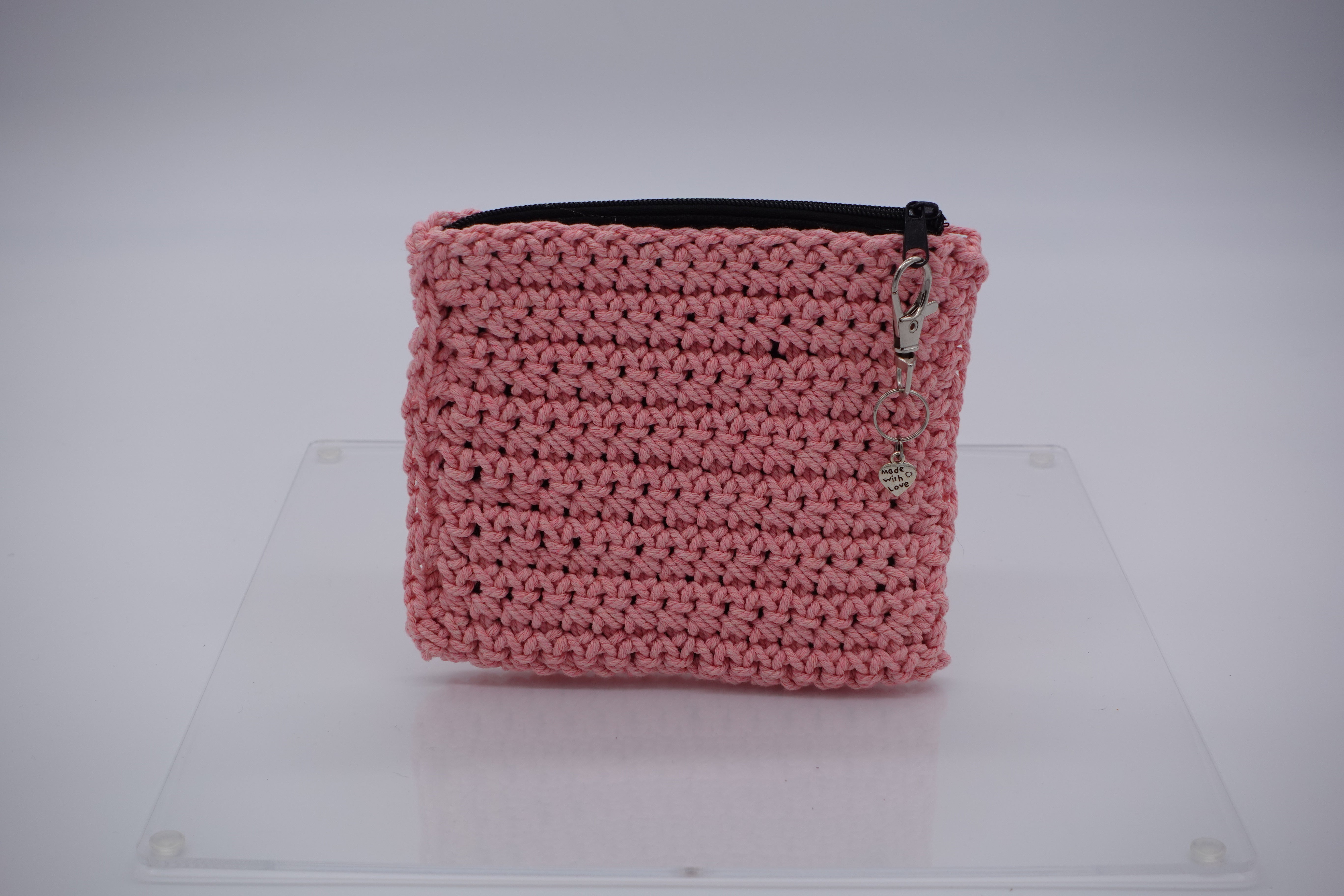 Jumieez Handcrafted Crochet Pouch – Small Pink with Multicolor Love Patch