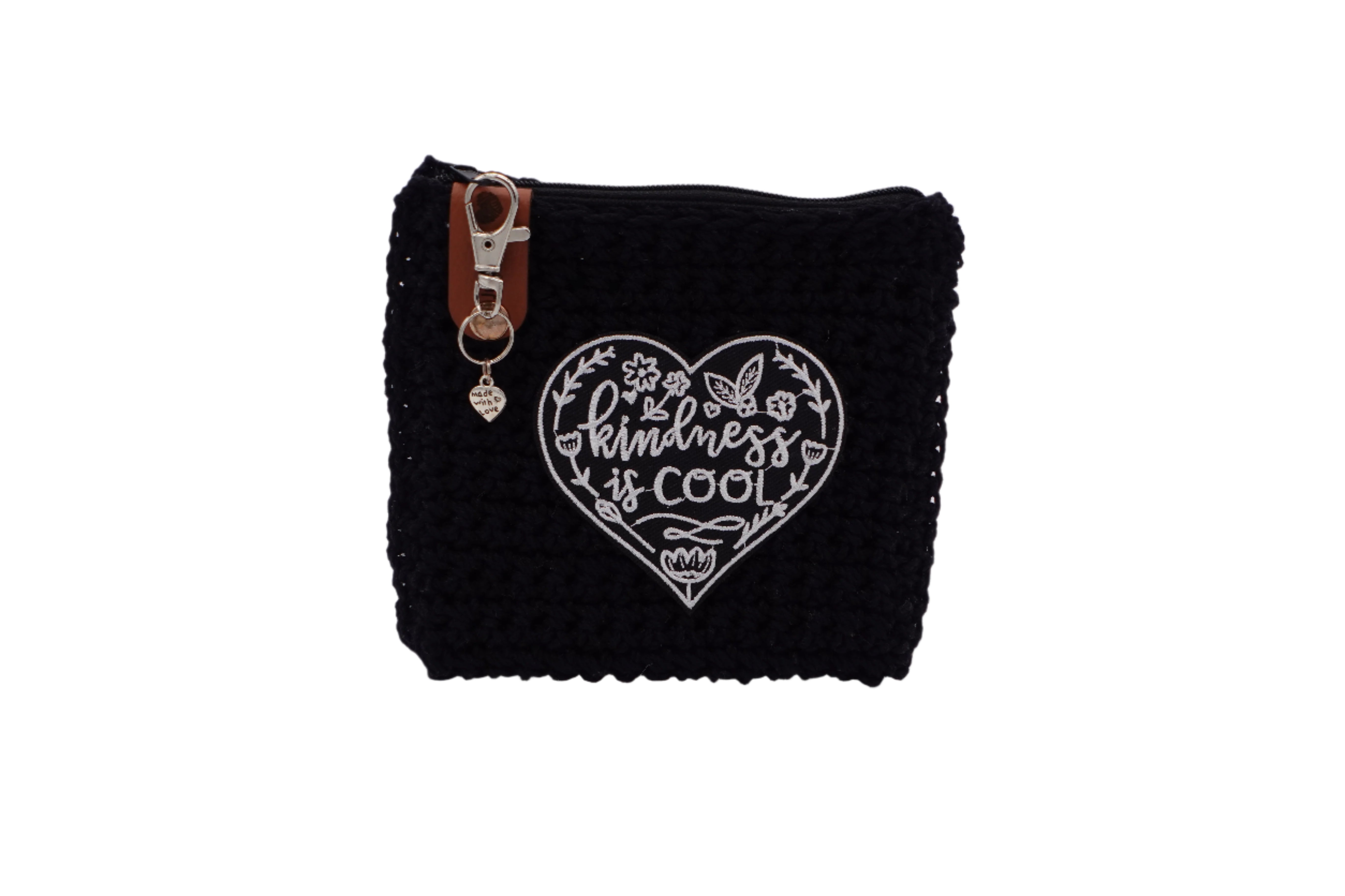 Jumieez Handcrafted Crochet Pouch – Small Black with ‘Kindness Is Cool’ Heart Patch