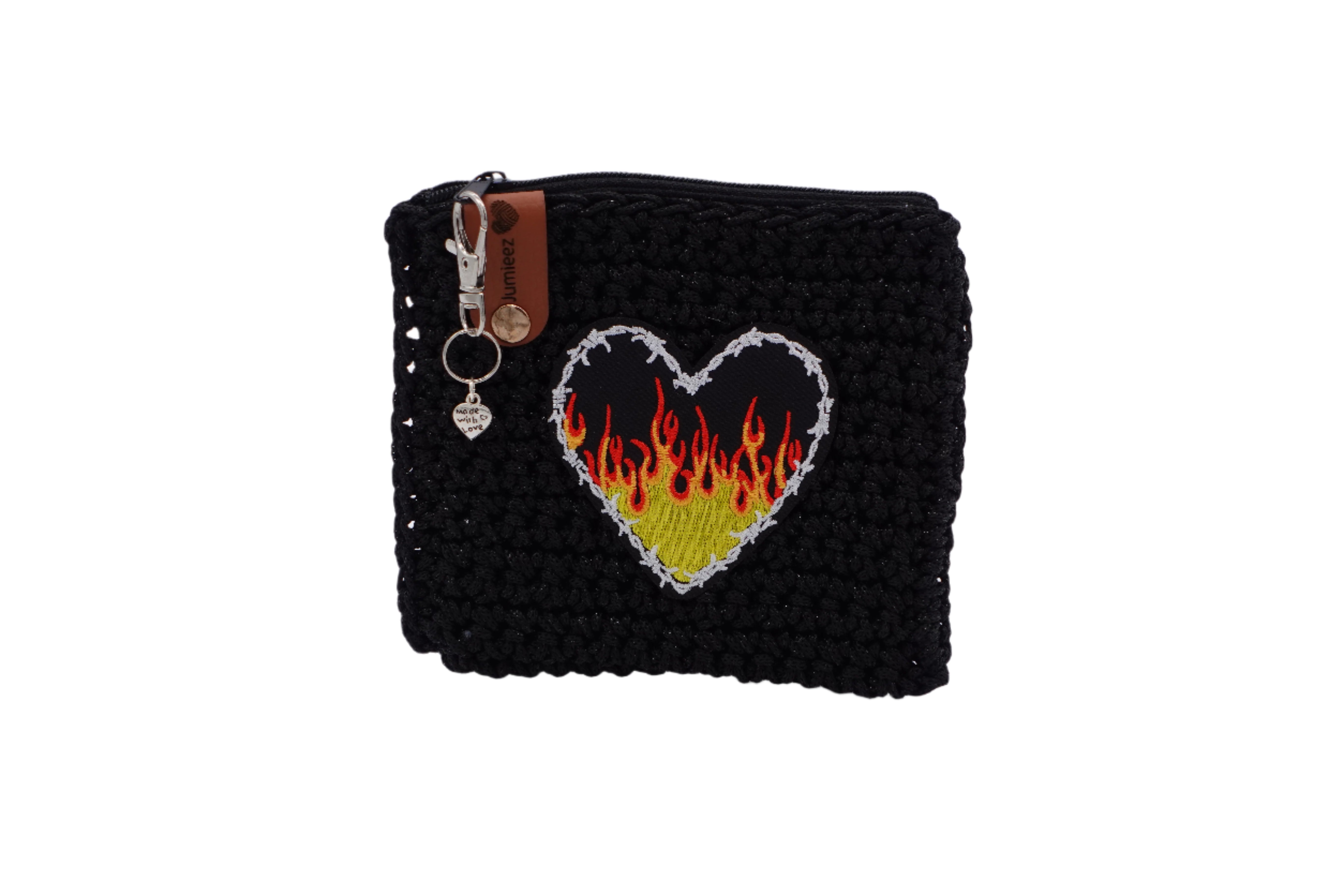 Jumieez Handcrafted Crochet Pouch – Small Black with Flaming Heart Patch