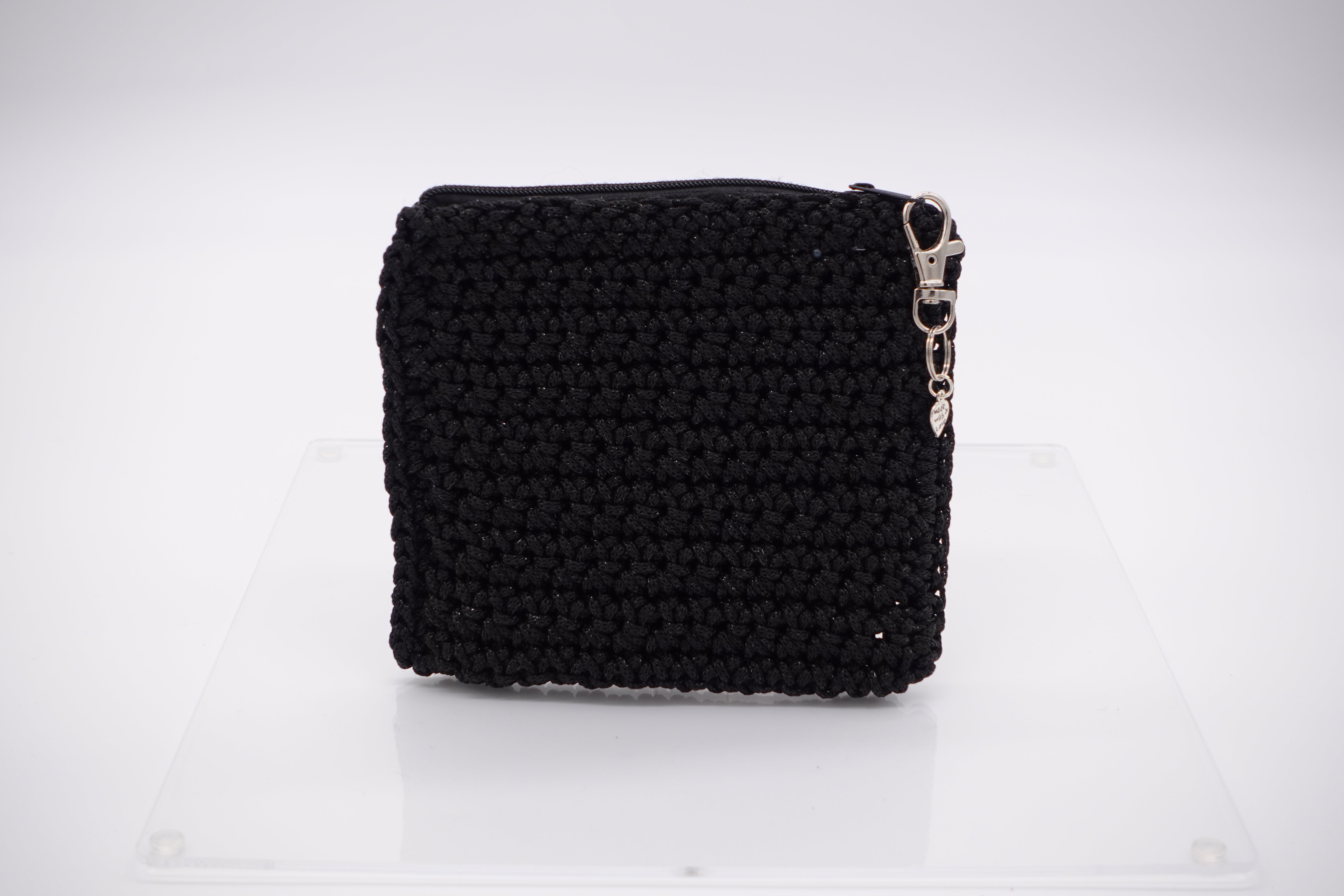 Jumieez Handcrafted Crochet Pouch – Small Black with Flaming Heart Patch