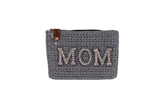 Jumieez Handcrafted Crochet Pouch – Special Edition Medium Grey with ‘MOM’ Rhinestone Patch