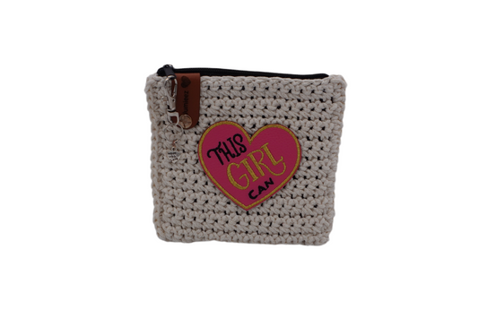 Jumieez Handcrafted Crochet Pouch – Small Cream with ‘This Girl Can’ Heart Patch