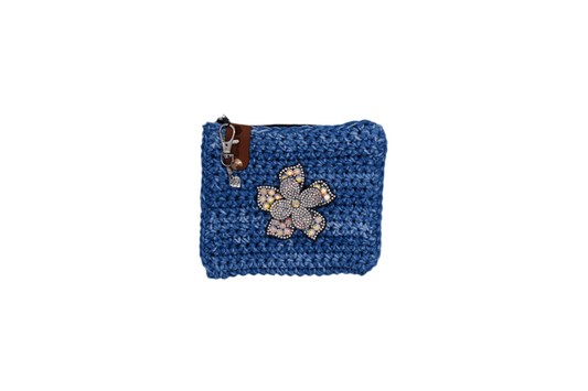 Jumieez Handcrafted Crochet Pouch – Special Edition Small Blue with Flower Patch