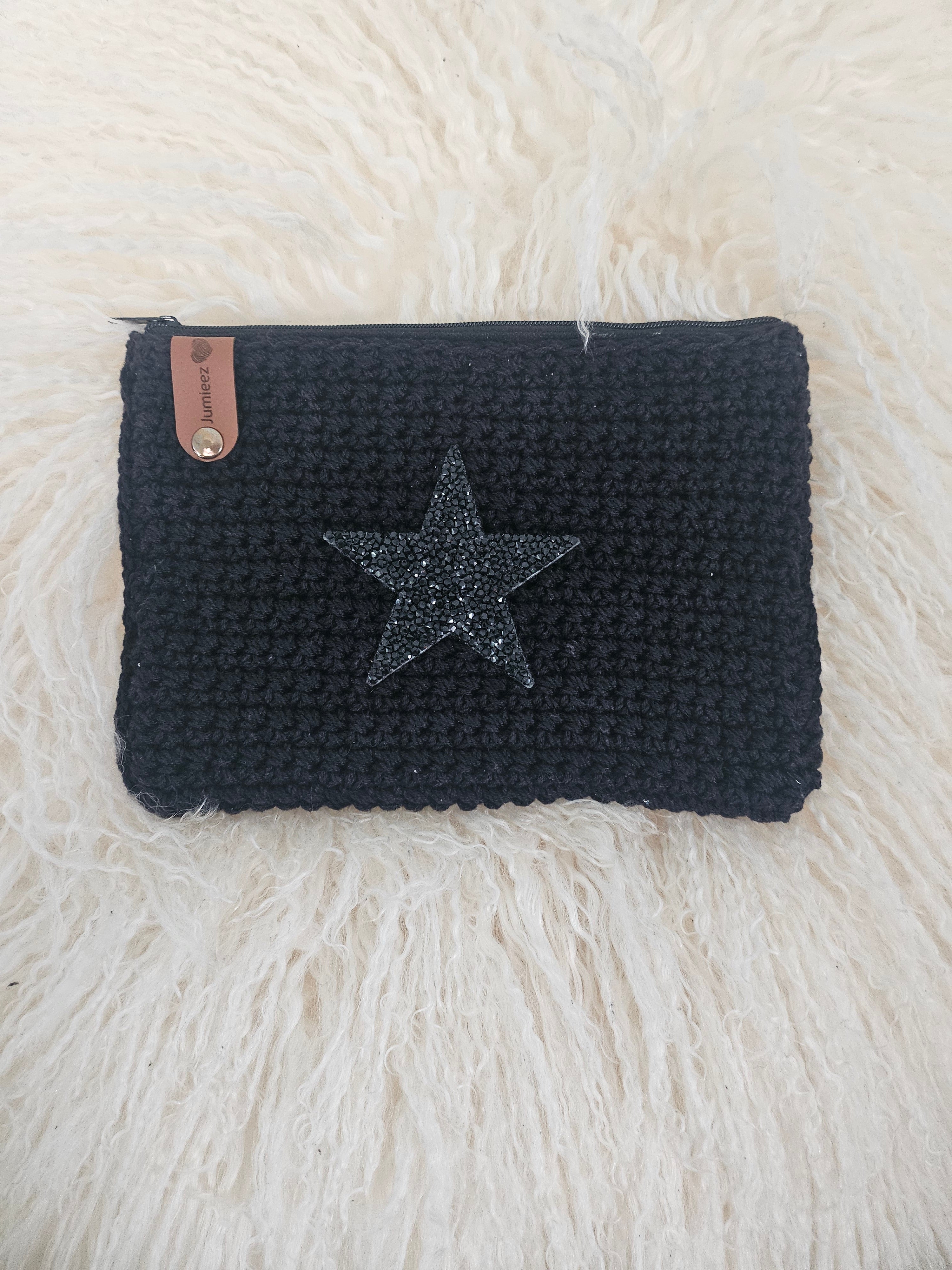 Jumieez Handcrafted Crochet Pouch – Medium Black with Black Star Patch