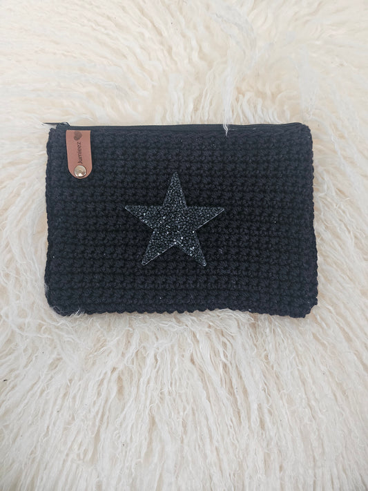 Jumieez Handcrafted Crochet Pouch – Medium Black with Black Star Patch