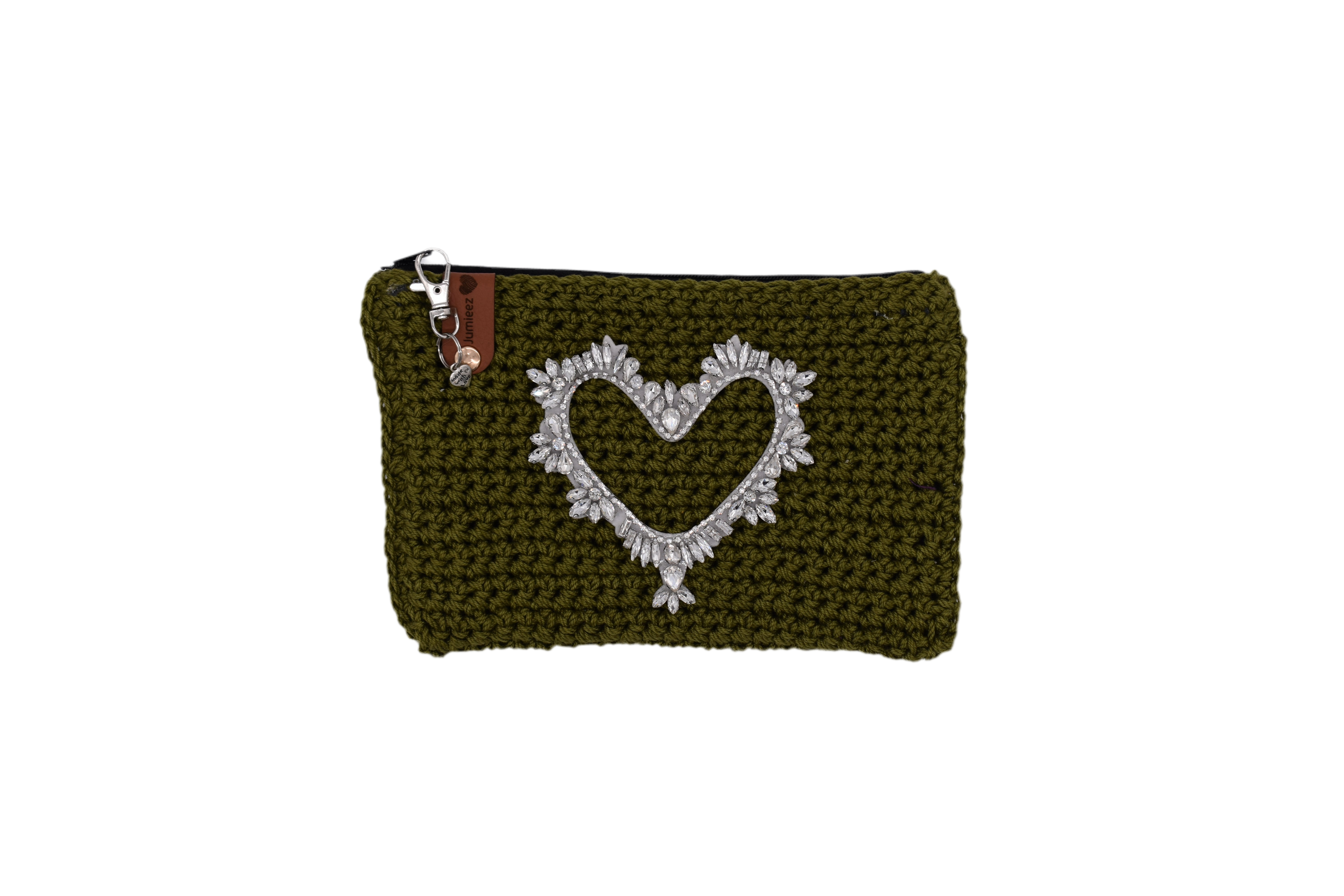 Jumieez Handcrafted Crochet Pouch – Special Edition Medium Olive Green with Diamond Heart Patch