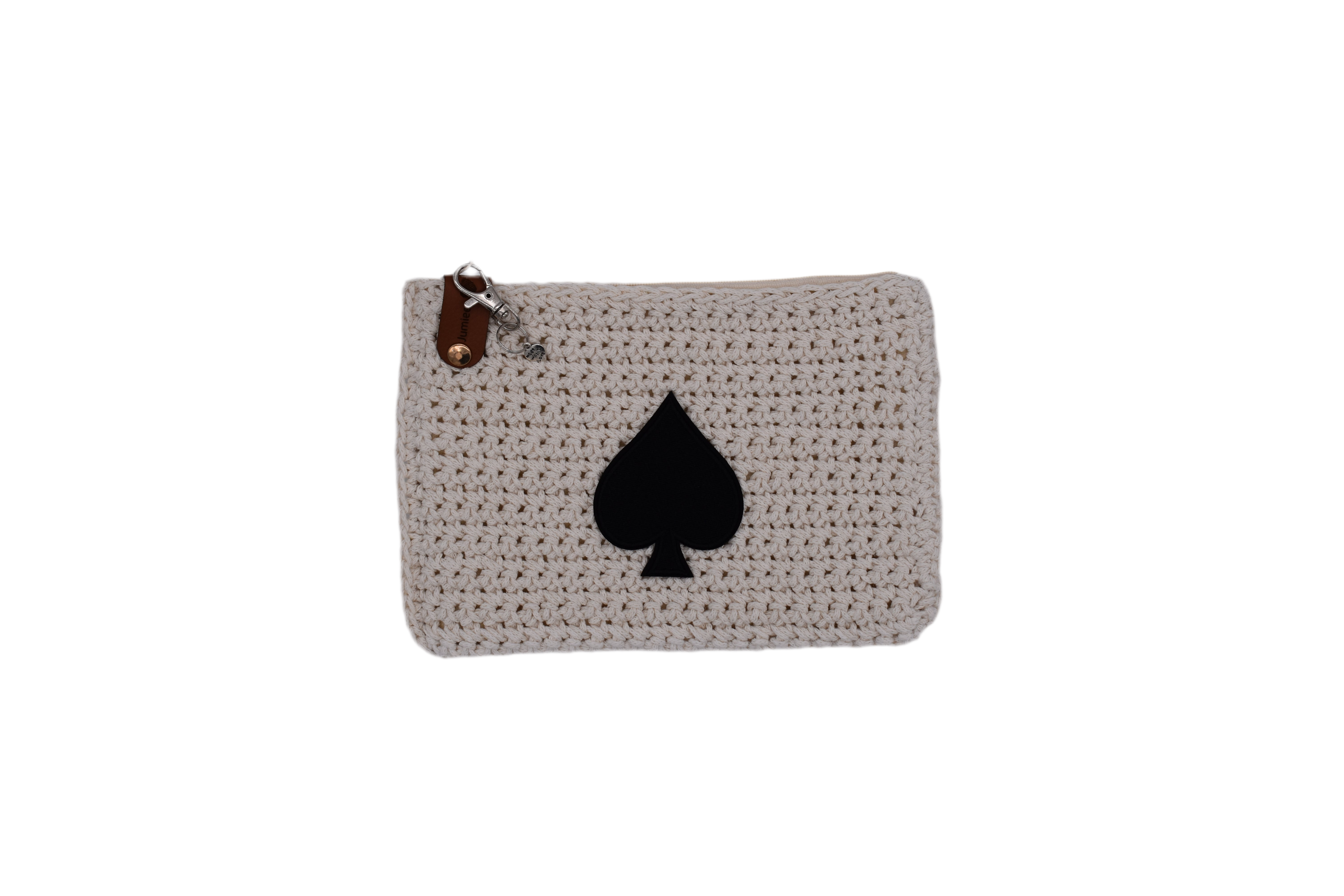 Jumieez Handcrafted Crochet Pouch – Medium Cream with Black Spade Patch