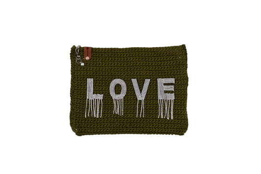 Jumieez Handcrafted Crochet Pouch – Special Edition Large Olive Green with Dripping Love Patch