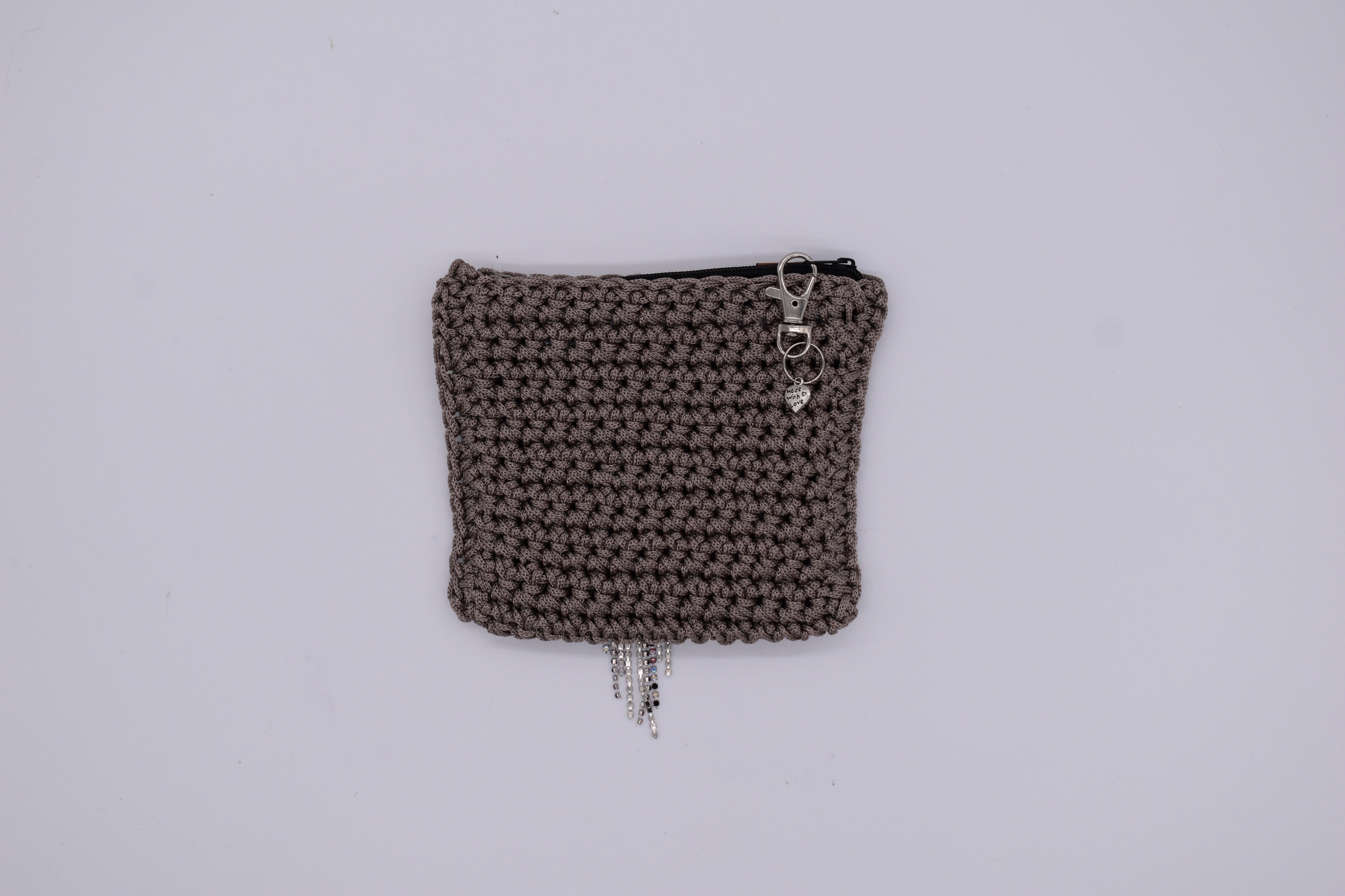 Jumieez Handcrafted Crochet Pouch – Special Edition Small Grey with Heart Fringe Patch