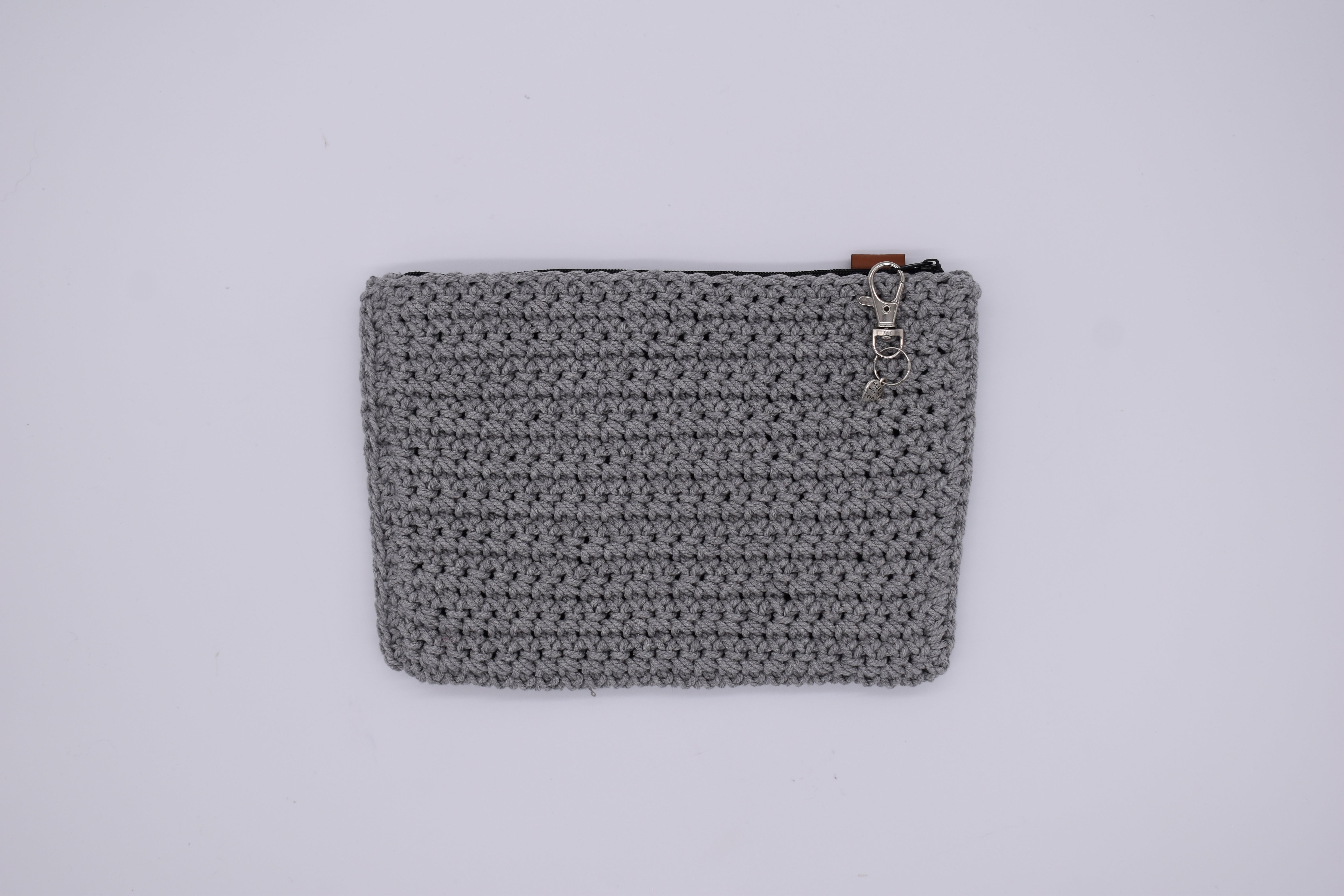 Jumieez Handcrafted Crochet Pouch – Special Edition Medium Grey with ‘MOM’ Rhinestone Patch