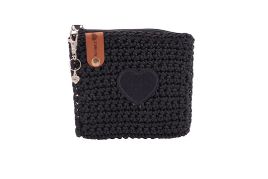 Jumieez Handcrafted Crochet Pouch – Small Black with Black Heart Patch